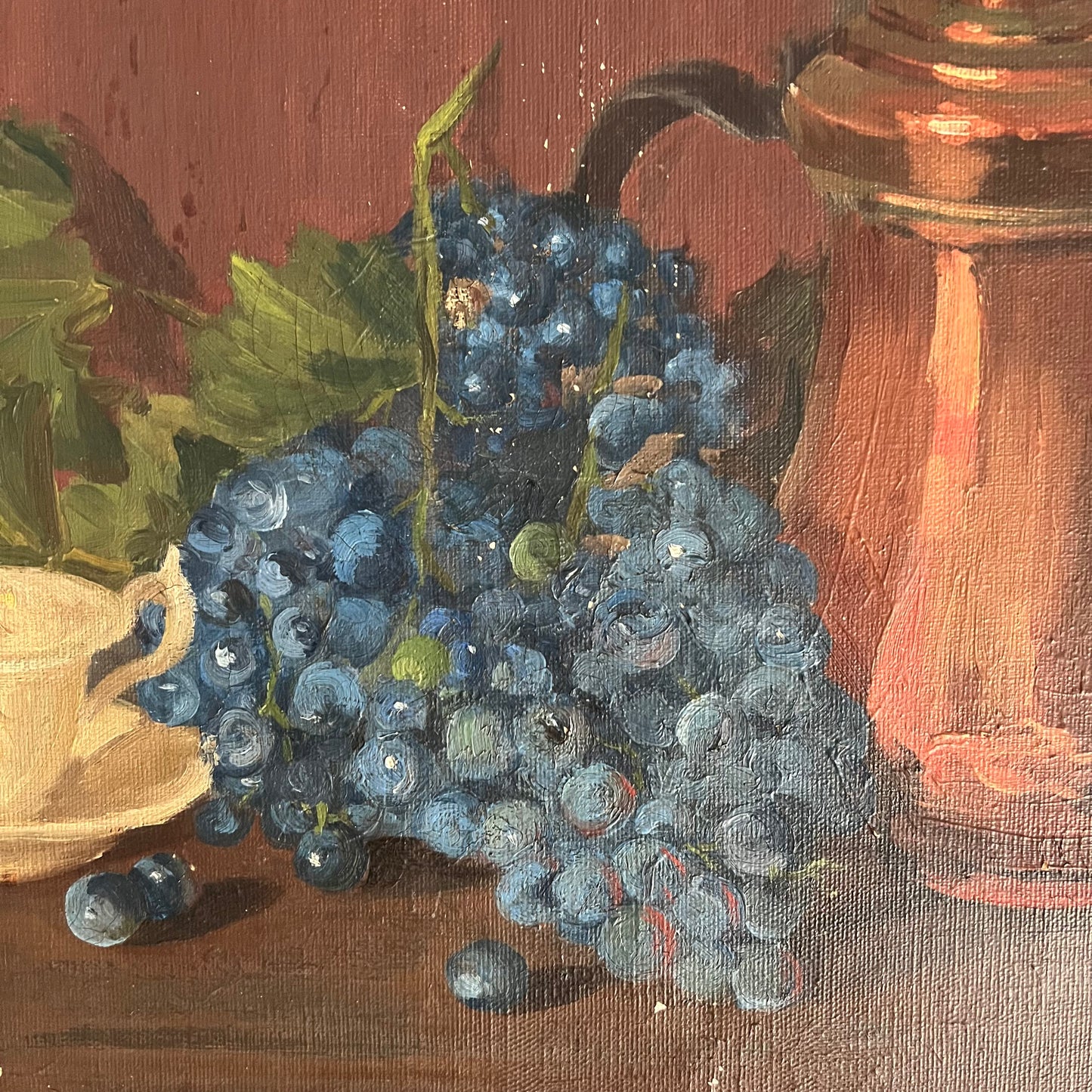 Vintage Oil Painting Still Life Copper Pot and Grapes with Cup and Saucer