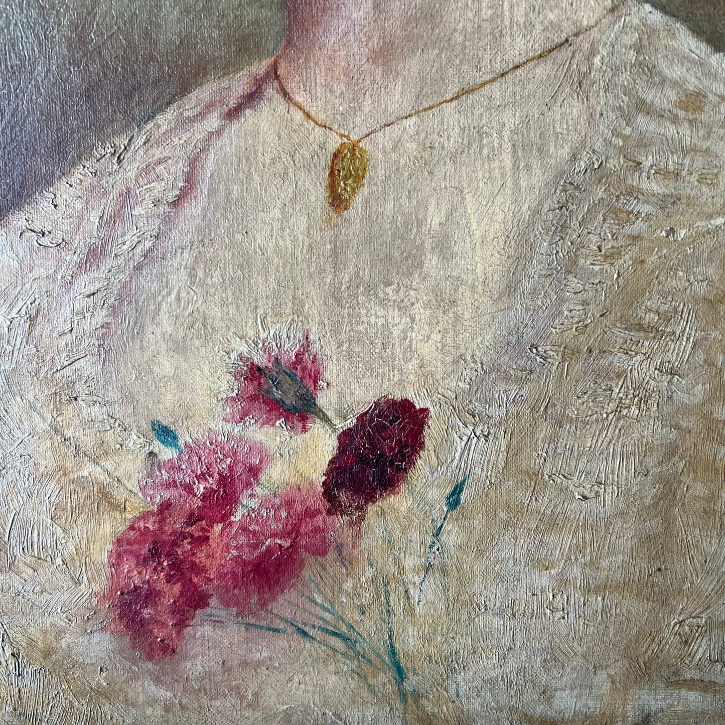 Antique Portrait Oil Painting Lady with Cornflowers 1911