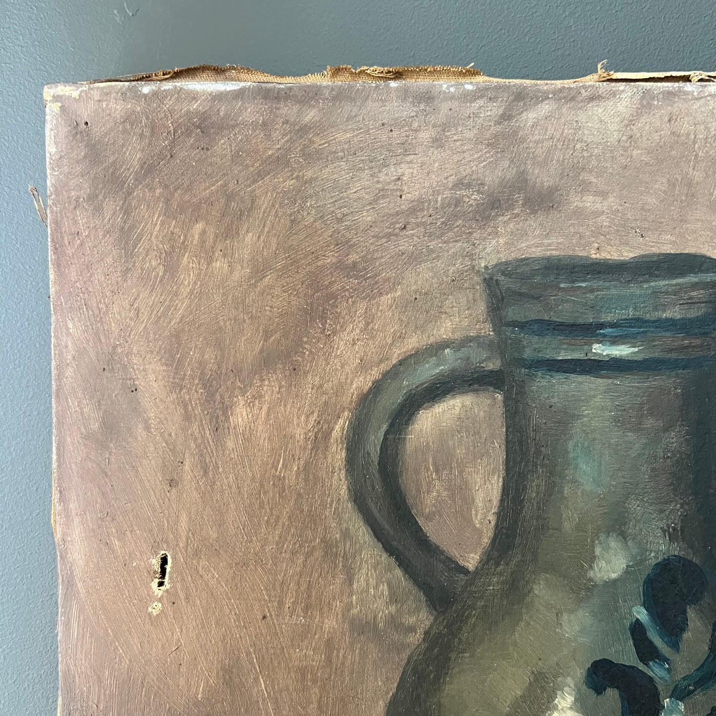 Antique Rustic Oil Painting Still Life Pottery Jug, Brass Pot & Vegetables