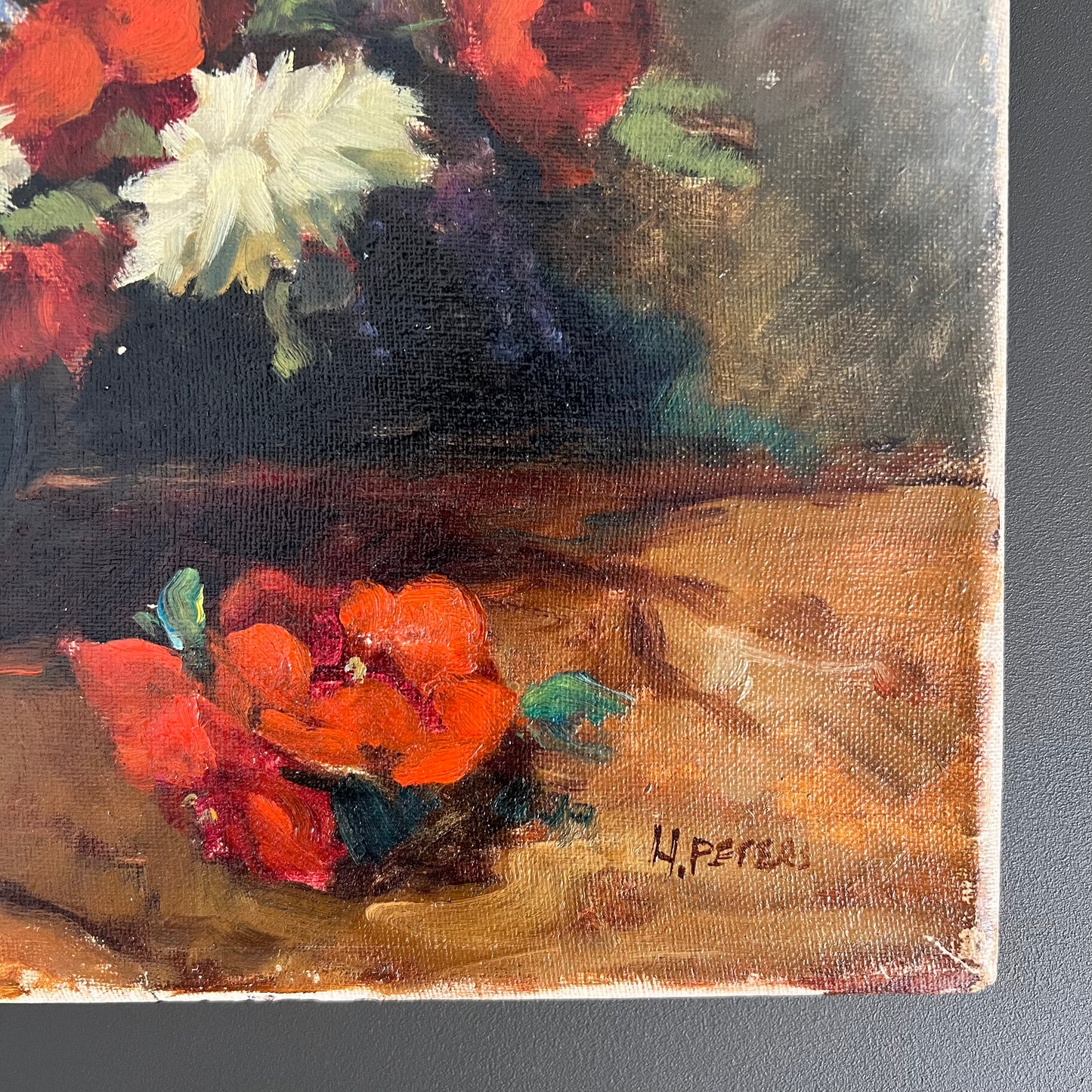 Vintage Oil Painting Still Life Bright Blooms in Pottery Vase