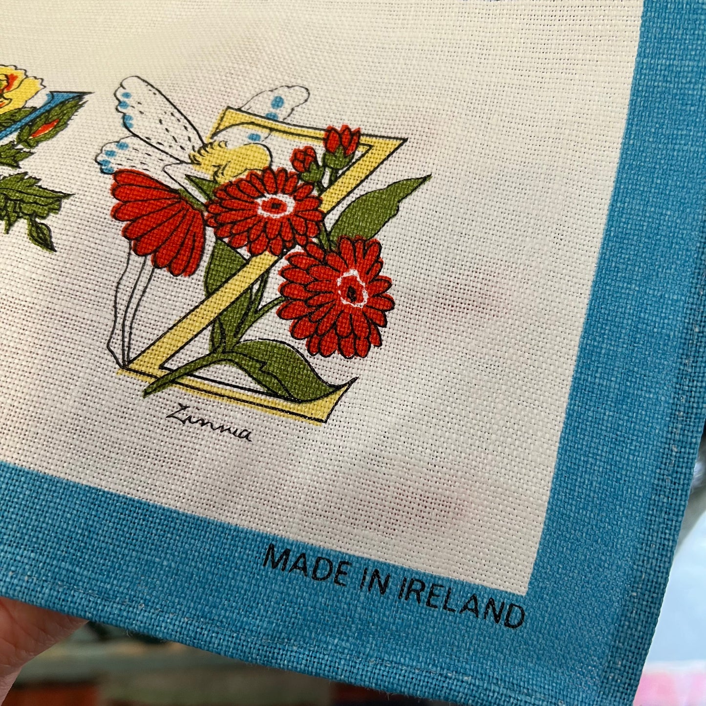 Vintage Flower Fairy Linen Tea Towel Alphabet of Flowers Made in Ireland