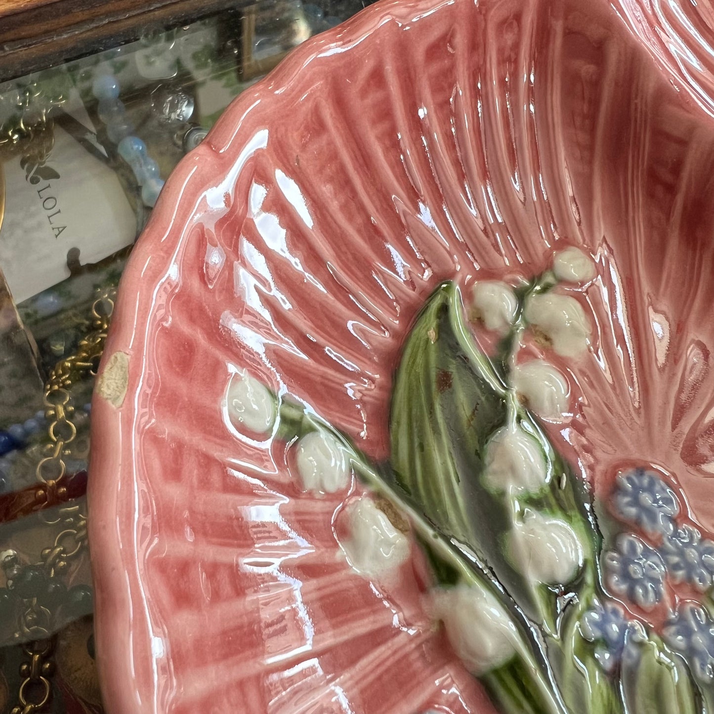 Vintage Pretty Pink Plate Lily of the Valley & Forget me Nots German Majolica Marie Louise Schramburg