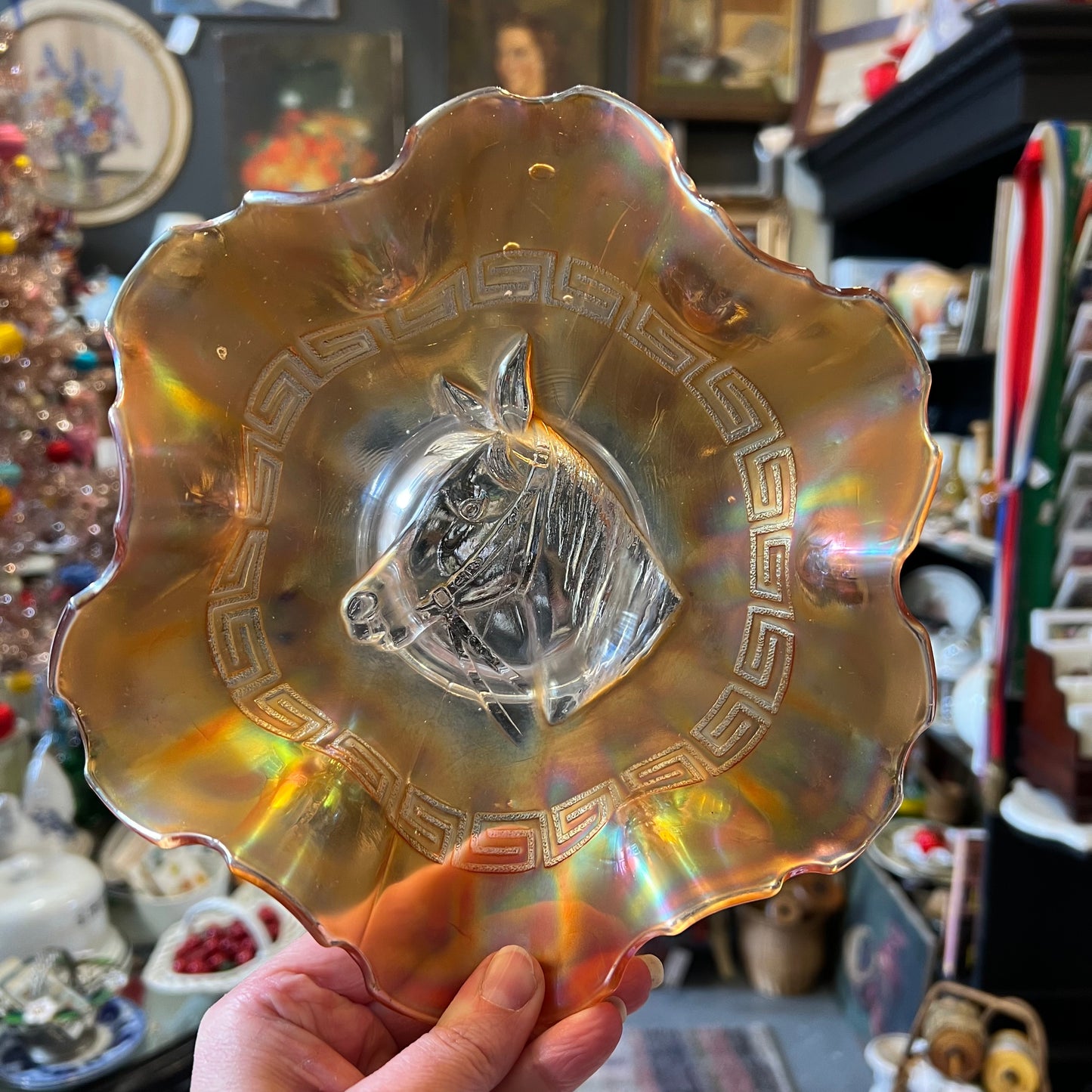Vintage Marigold Carnival Glass Horse Dish c1930s