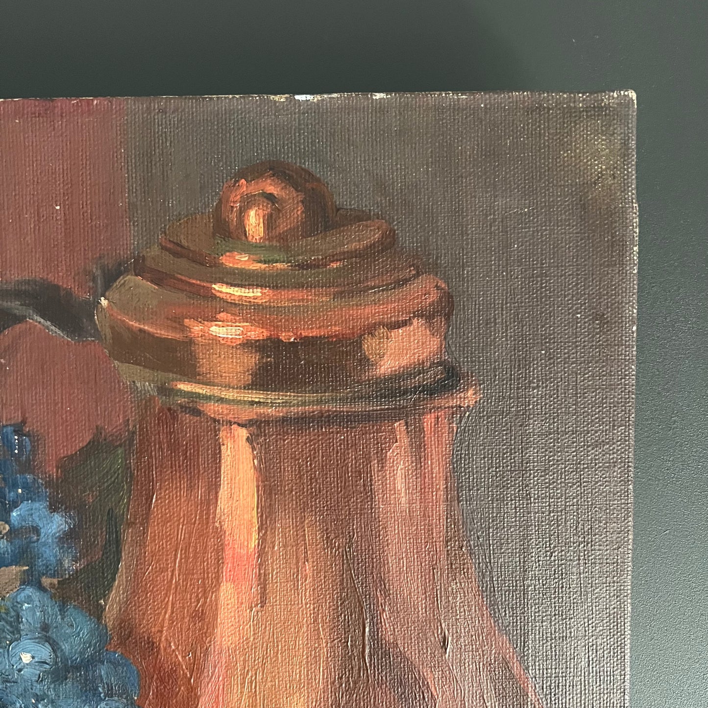 Vintage Oil Painting Still Life Copper Pot and Grapes with Cup and Saucer