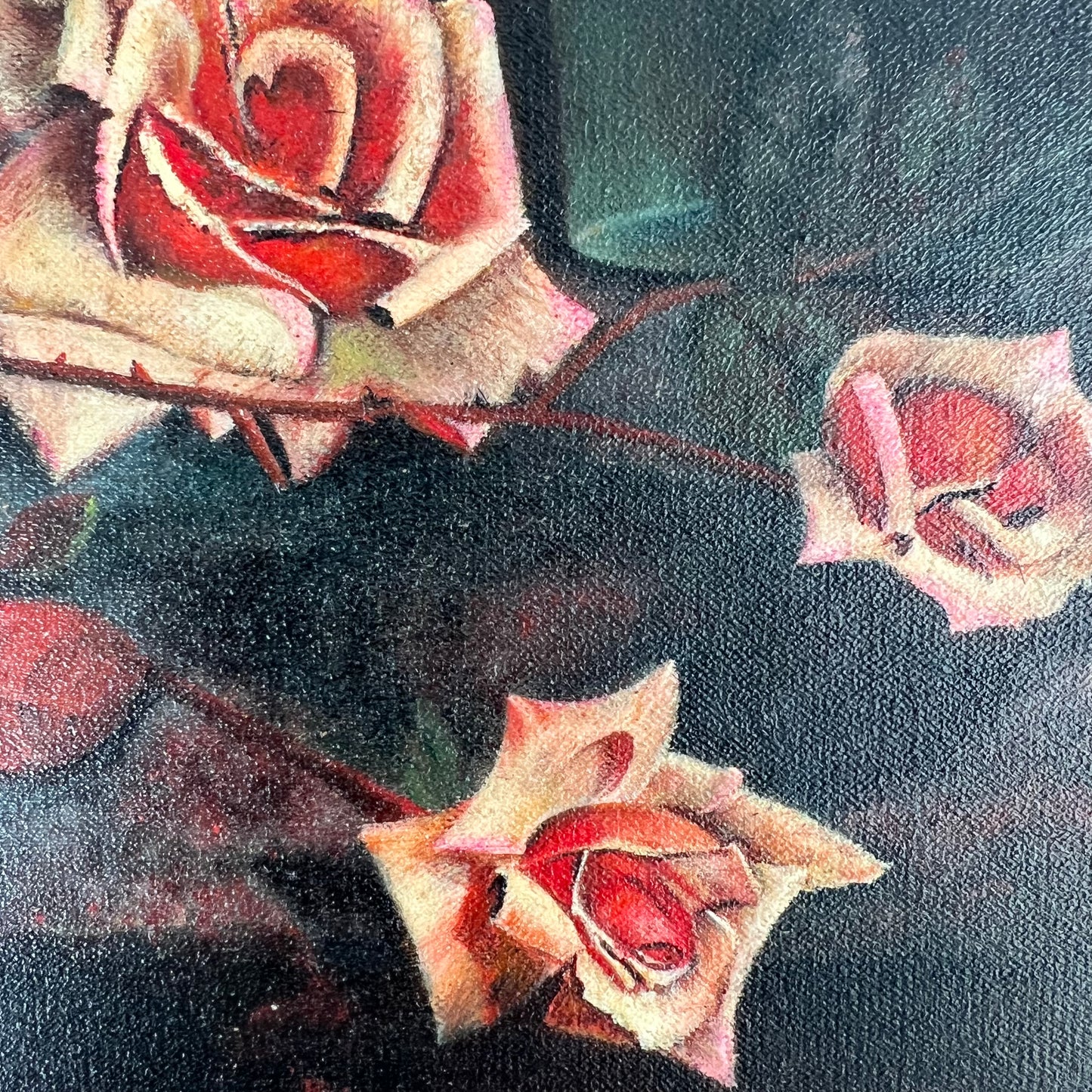 Vintage Oil Painting Still Life Moody Pink Roses & Red Geraniums