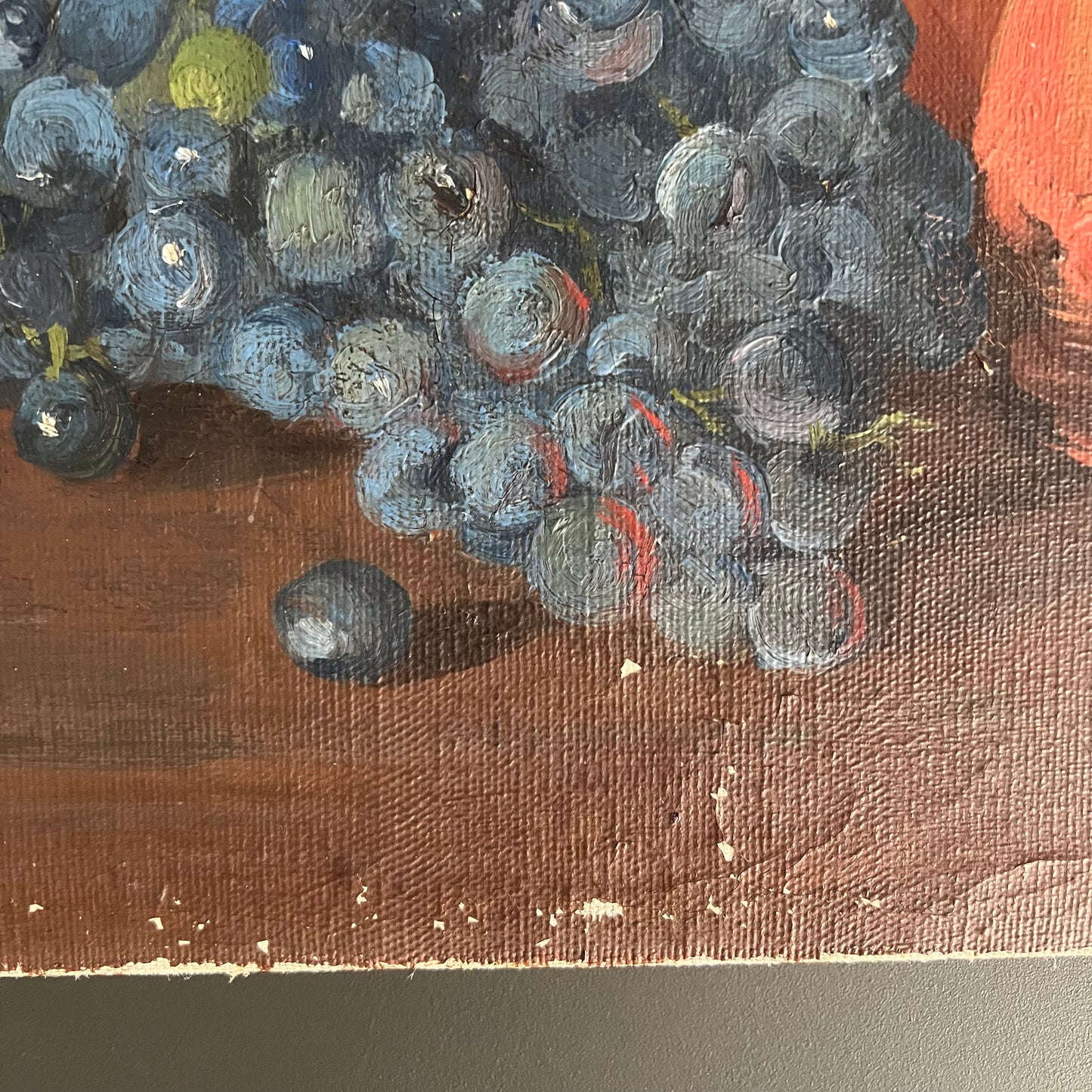 Vintage Oil Painting Still Life Copper Pot and Grapes with Cup and Saucer
