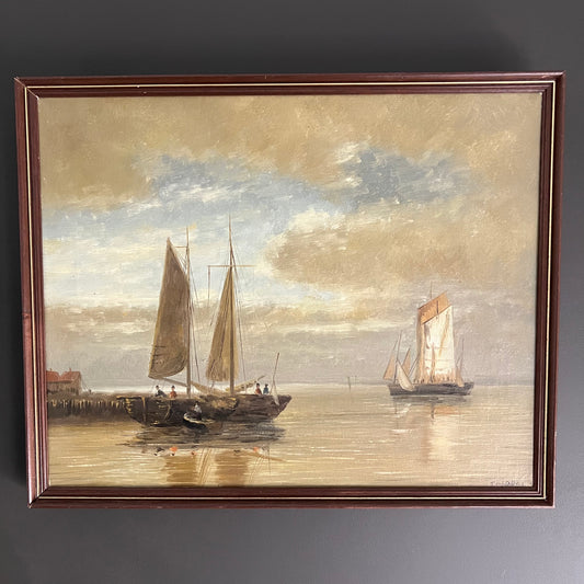 Vintage Seascape Painting Sail Boats in a Harbour