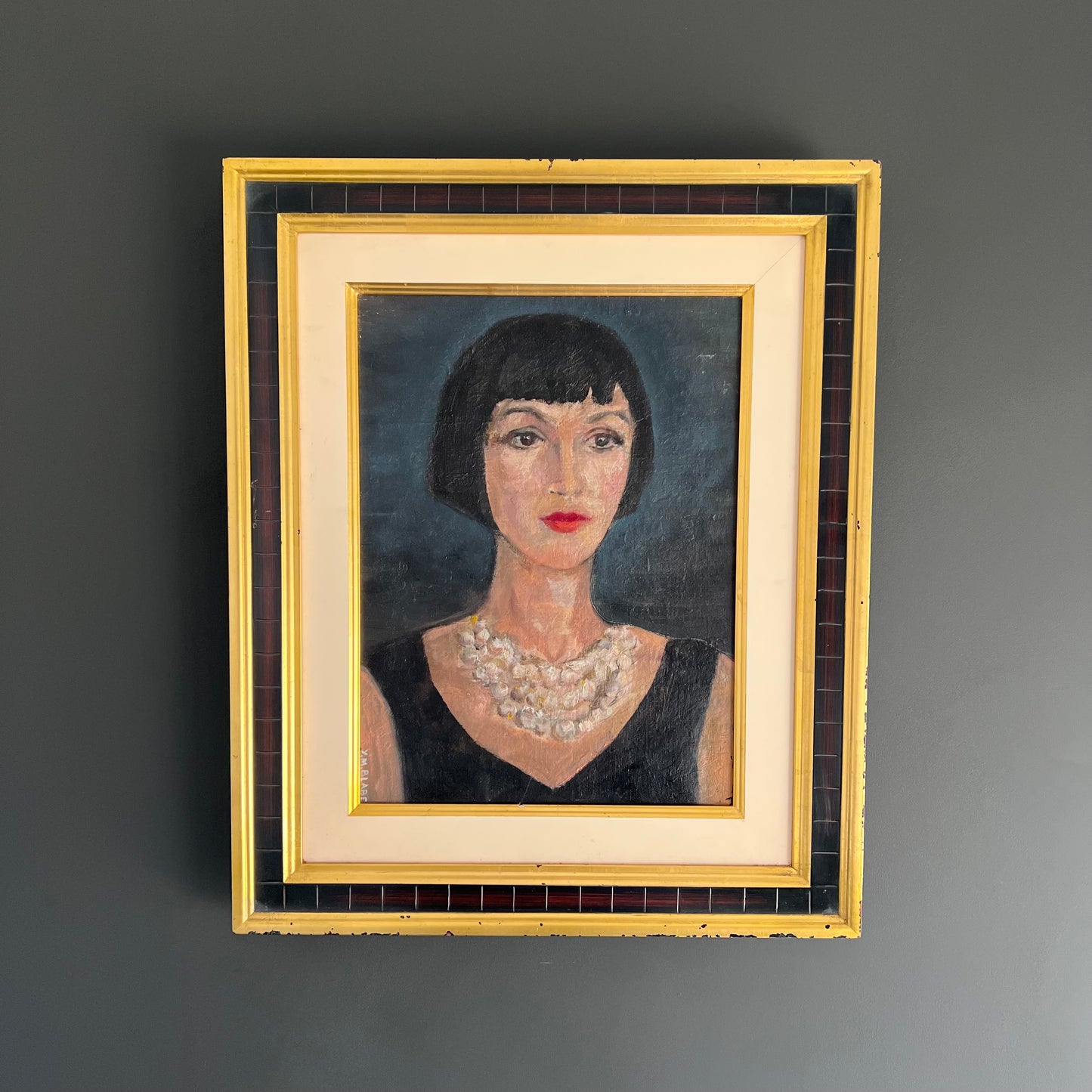Vintage Portrait Painting Chic Lady with Pearls