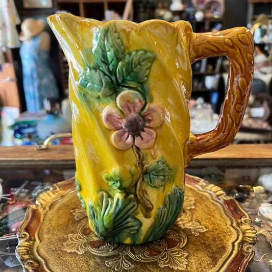 Vintage Majolica Style Pottery Jug Flowers & Leaves