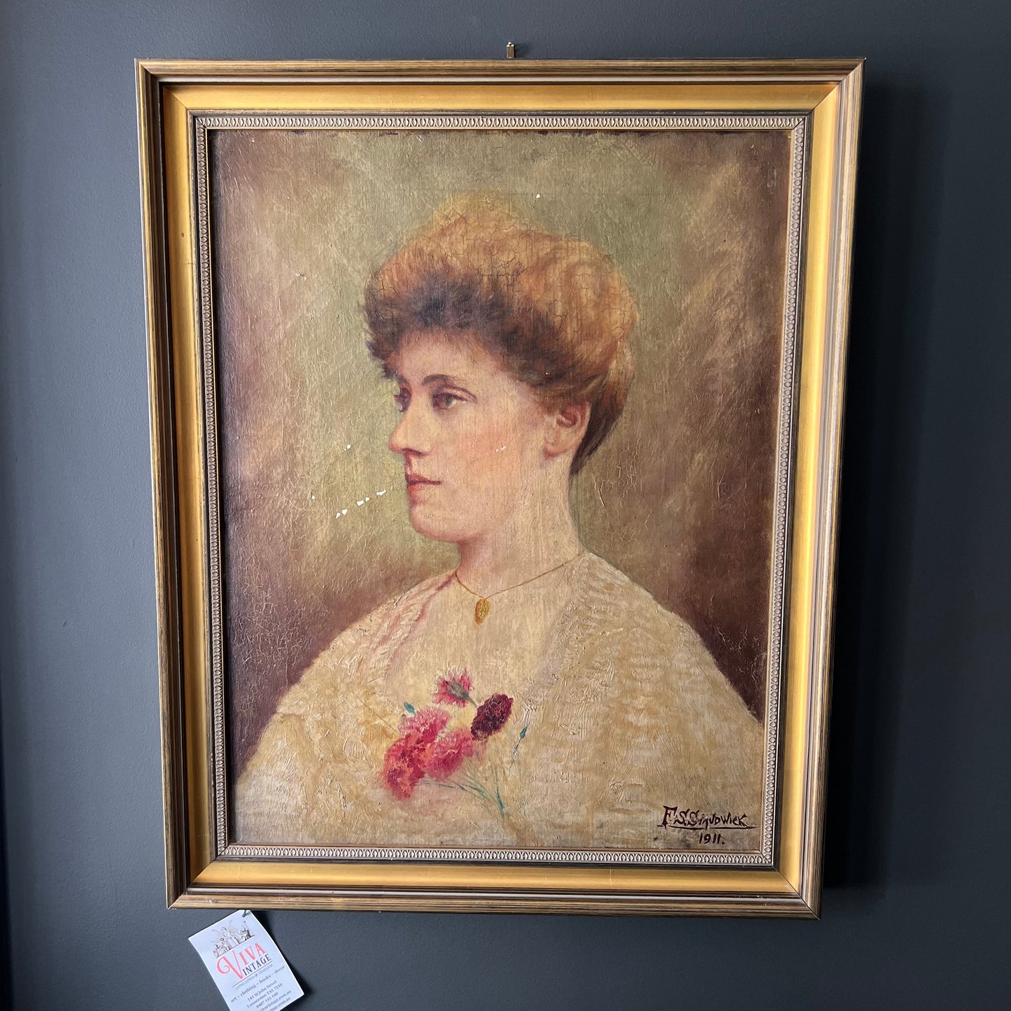 Antique Portrait Oil Painting Lady with Cornflowers 1911