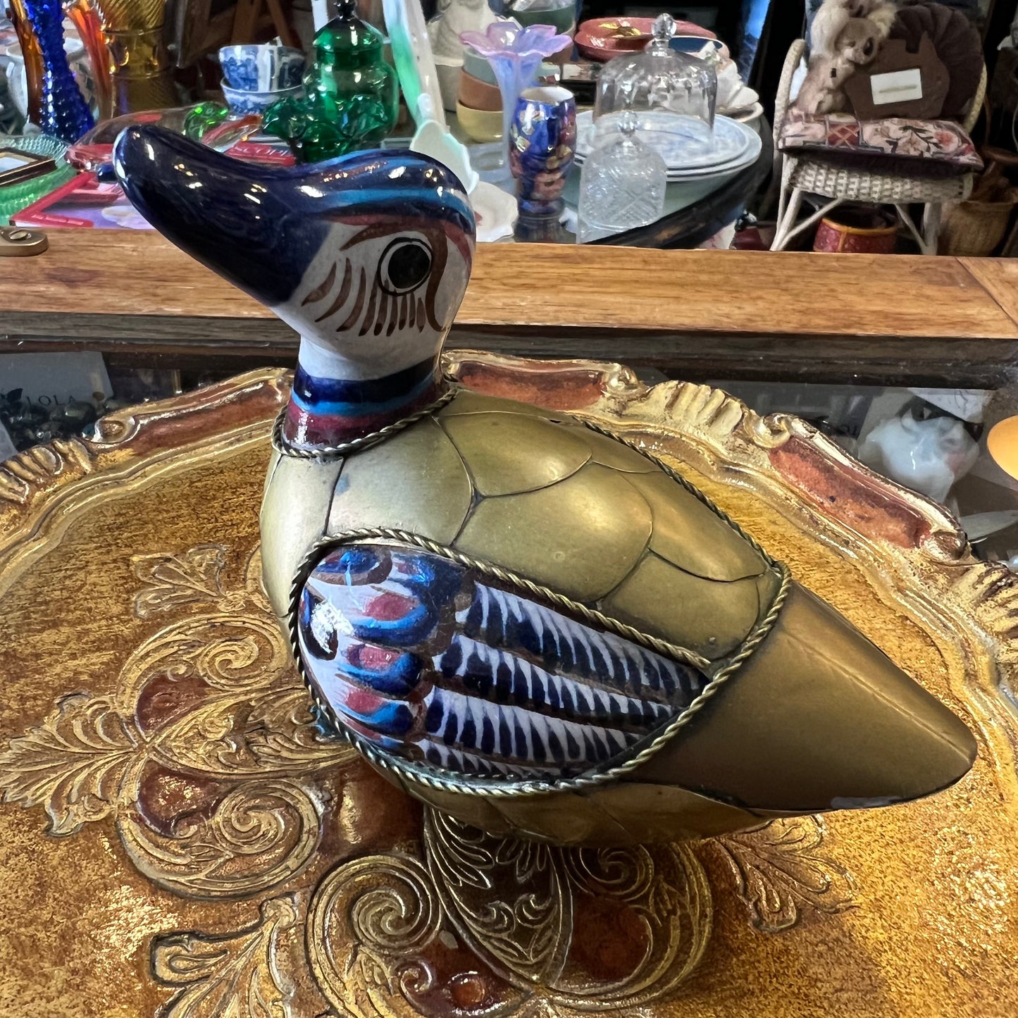 Vintage Tonala Pottery & Brass Duck Mexico