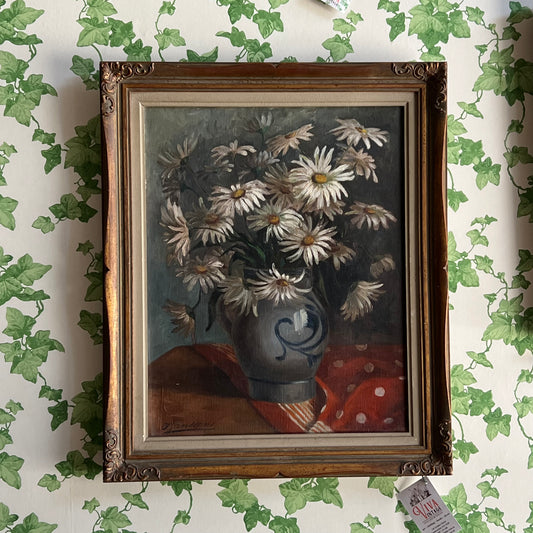 Vintage Oil Painting Still Life Daisies in Pottery Jug c1920s