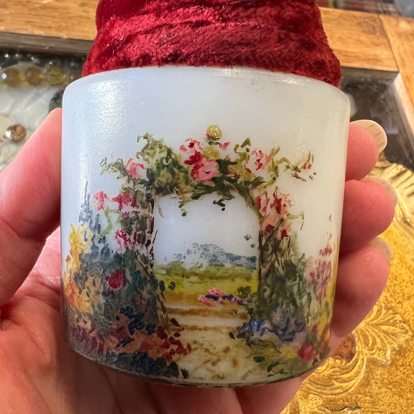 Vintage Hand Painted Cottage Garden Pond’s Milk Glass Jar Pincushion