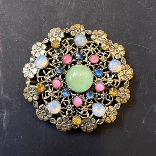 Pretty Vintage Czech Brooch Filigree Flowers & Coloured Stones c1930s