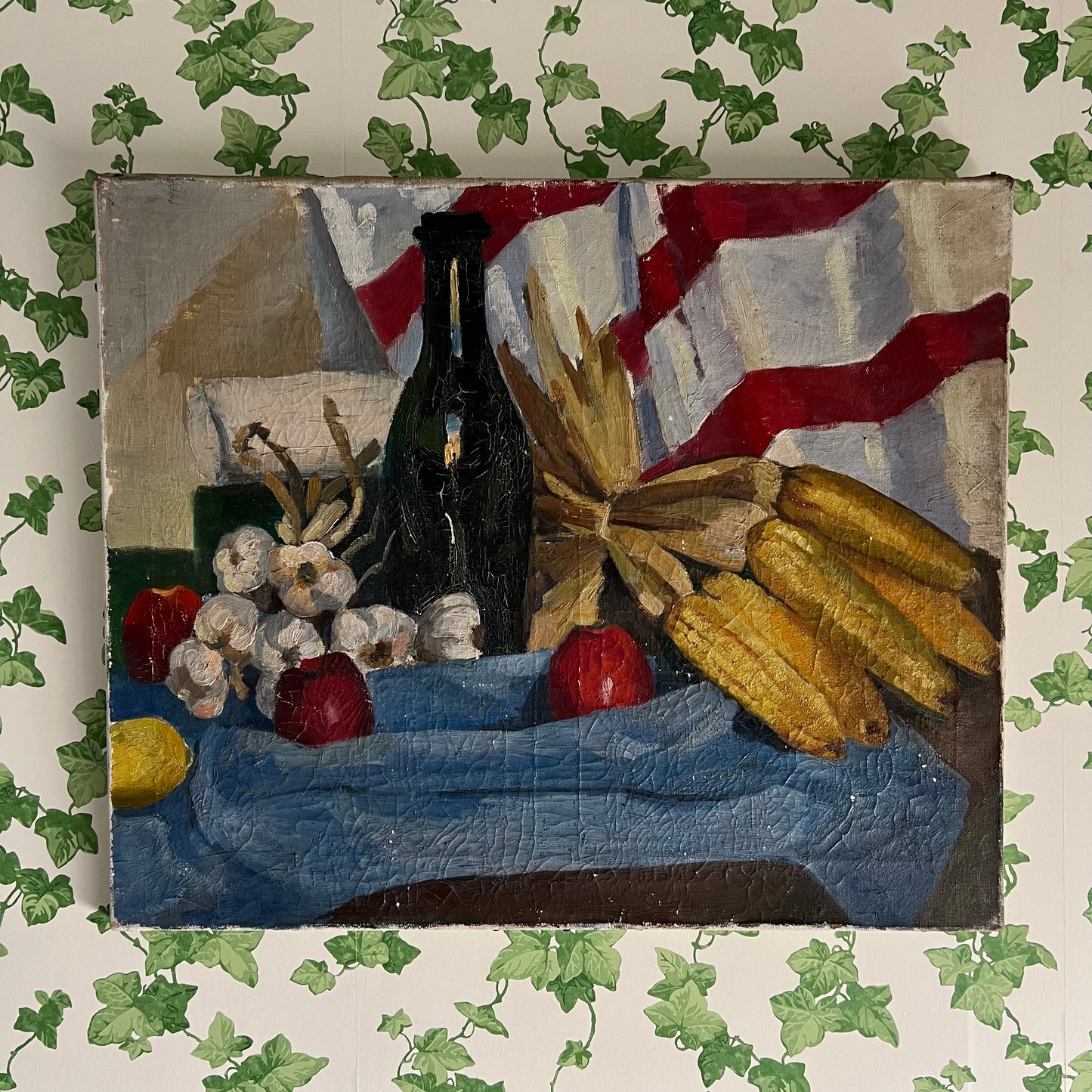 Large Vintage Oil Painting Still Life French Tabletop Wine, Garlic and Corn c1940s