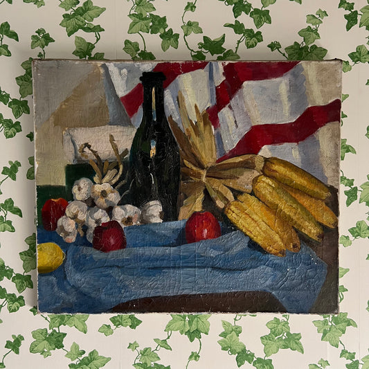 Large Vintage Oil Painting Still Life French Tabletop Wine, Garlic and Corn c1940s