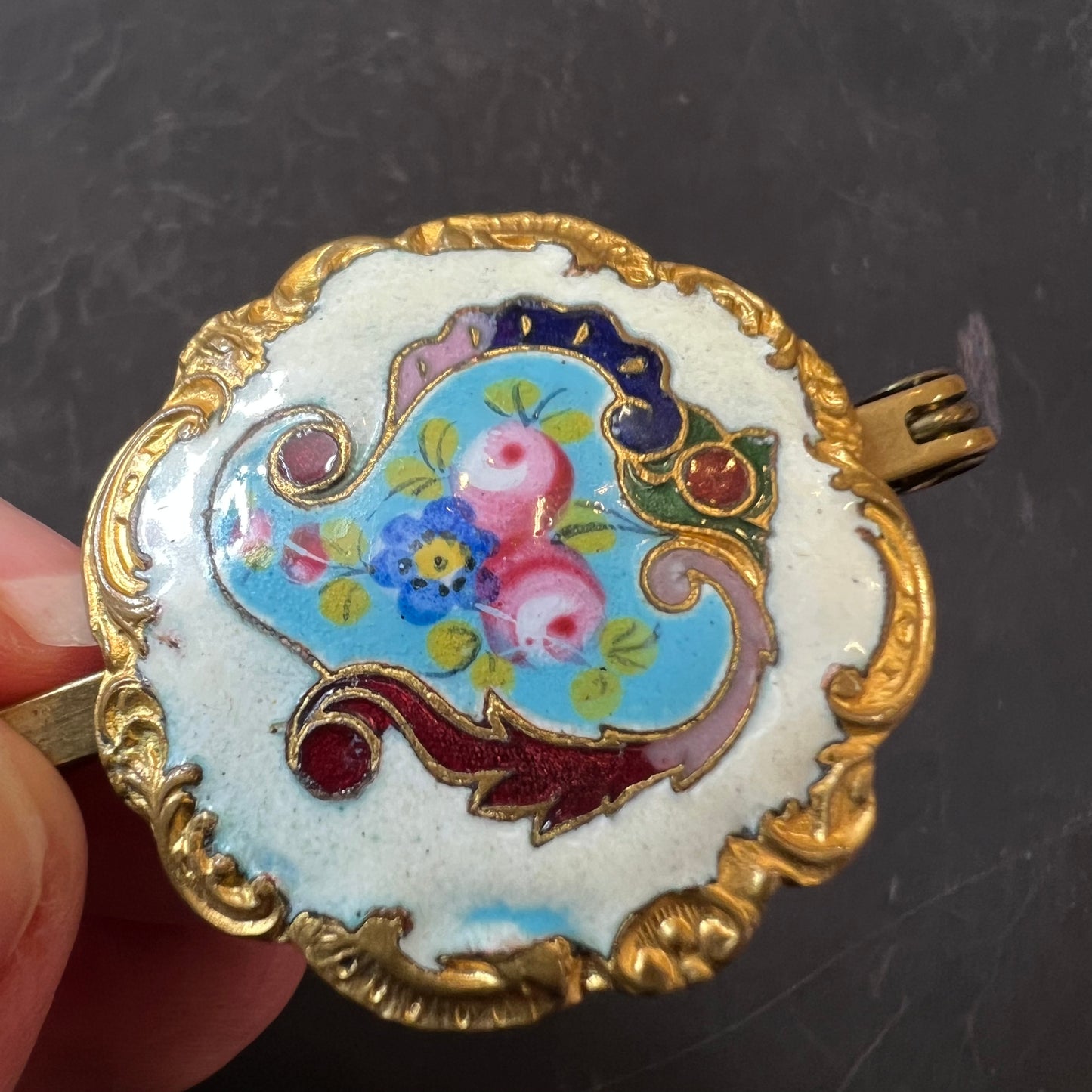Beautiful Antique French Enamel Champleve Button Brooch c1900s