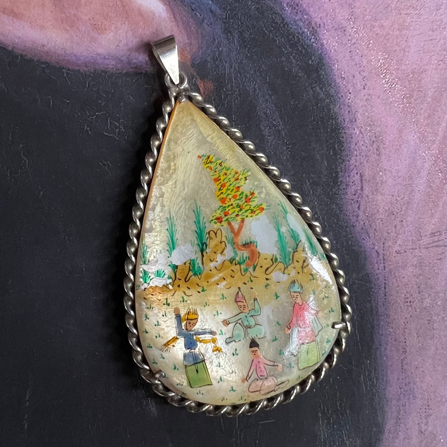 Vintage Persian Sterling Silver Mother of Pearl Double Sided Hand Painted Pendant