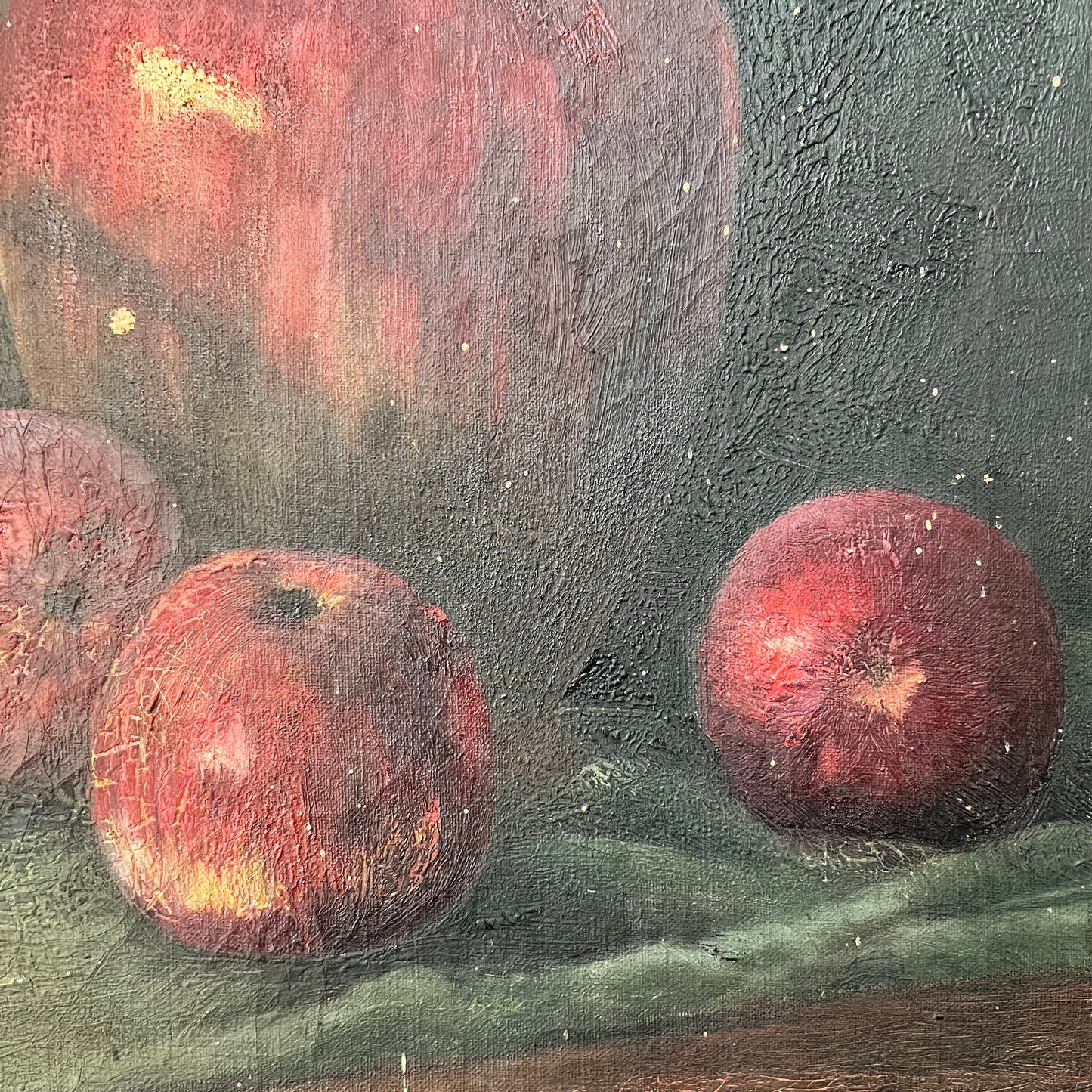 Rustic Antique Oil Painting Still Life of Vase, Apples & Basket