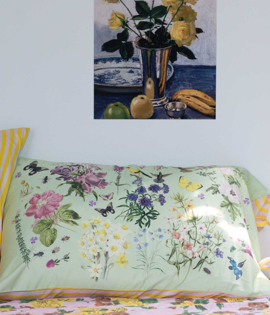 ON SALE Lazybones Organic Cotton Pillowcase Pair~ Busy Garden RRP $79