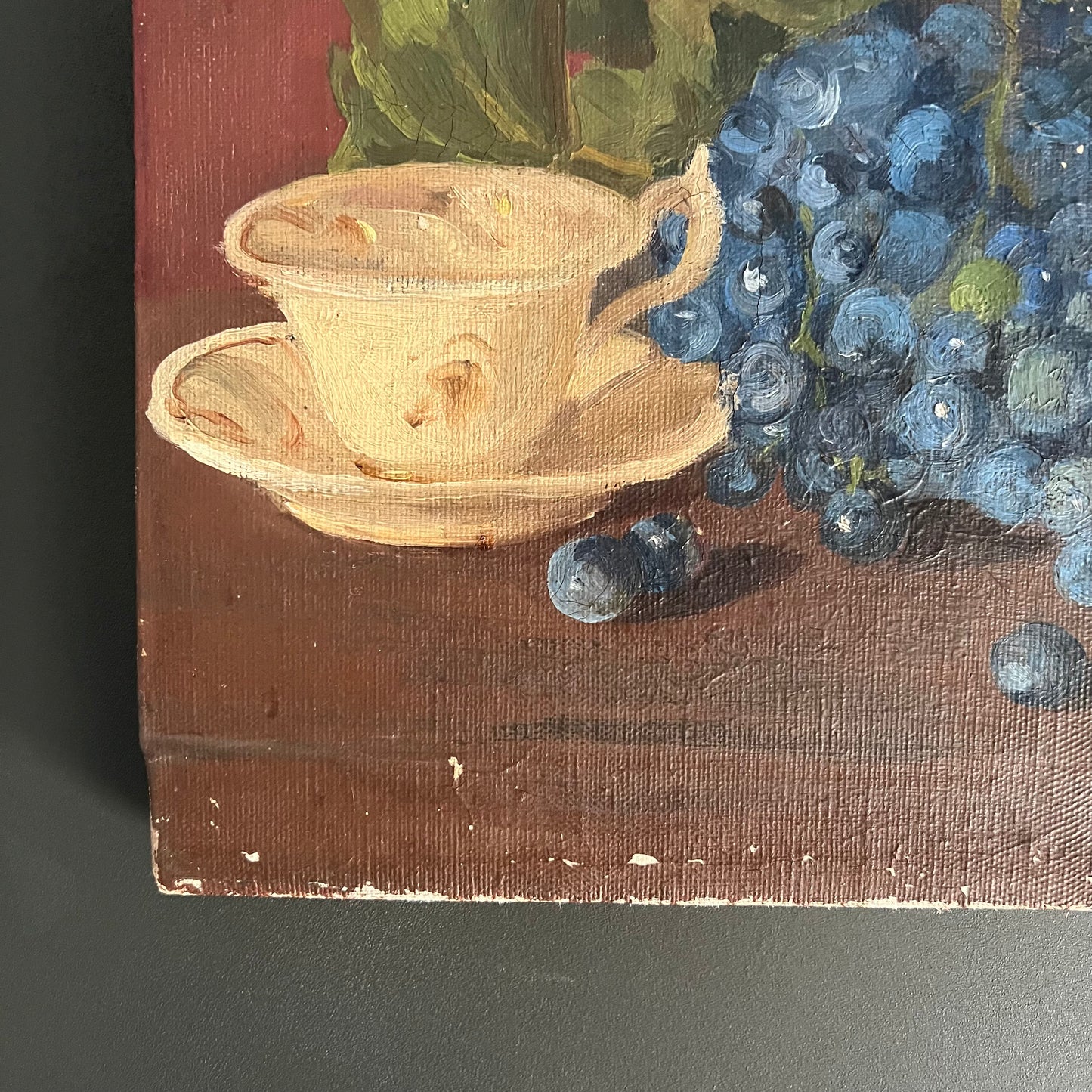 Vintage Oil Painting Still Life Copper Pot and Grapes with Cup and Saucer