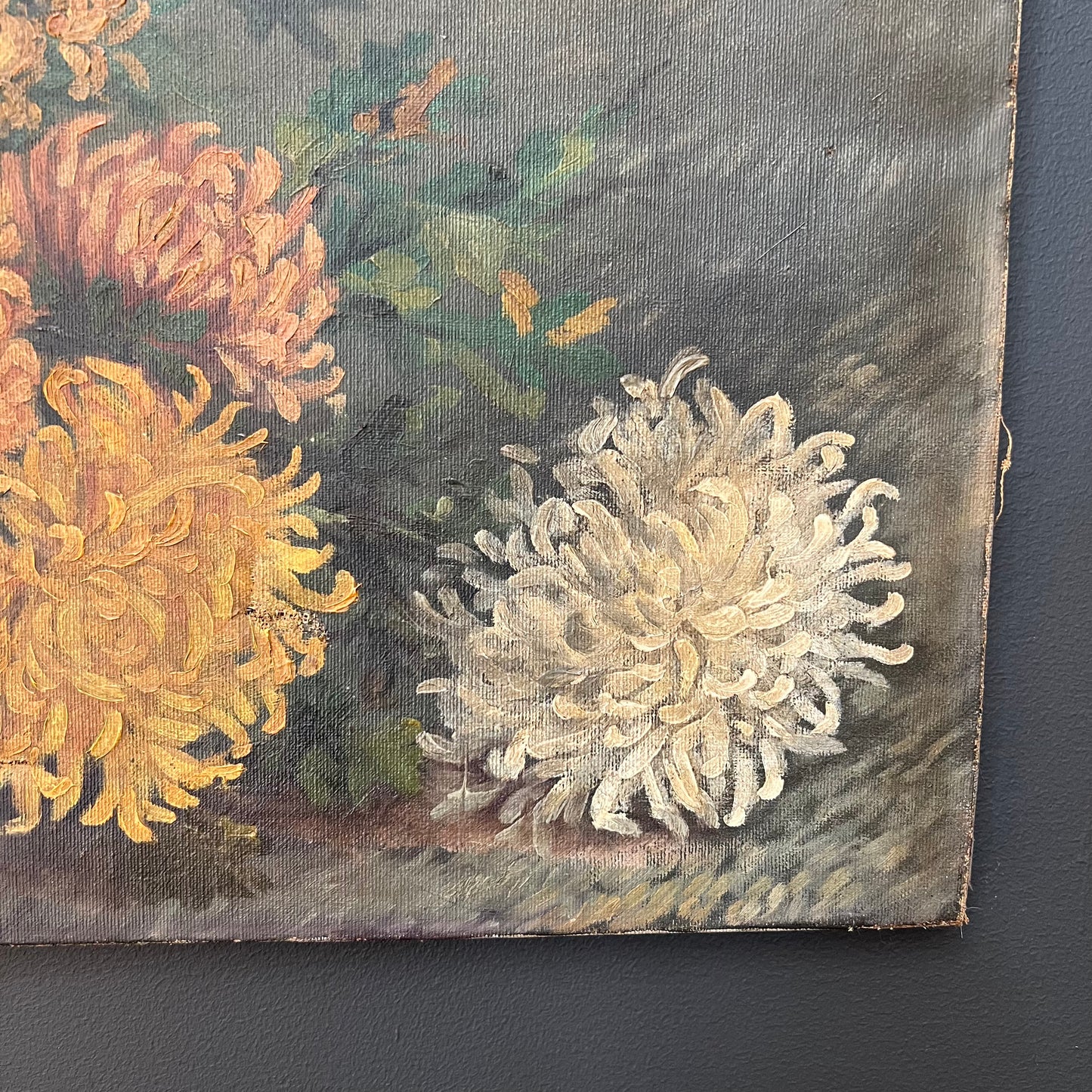 Antique Oil Painting Chrysanthemums with Pink Bow Belgium 1920s