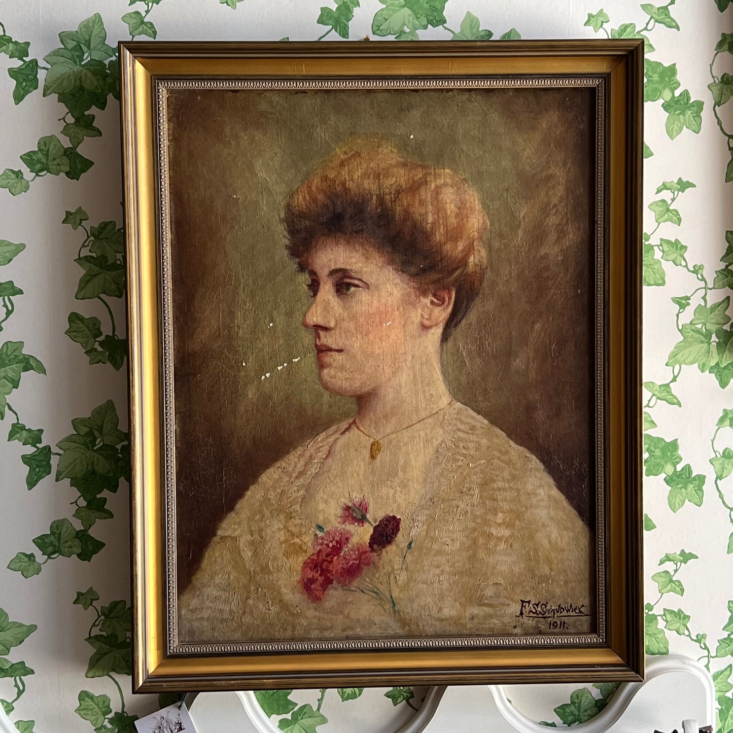 Antique Portrait Oil Painting Lady with Cornflowers 1911