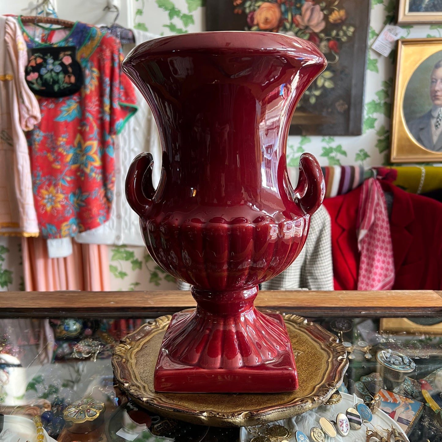 Vintage Large Burgundy Ceramic Urn Vase