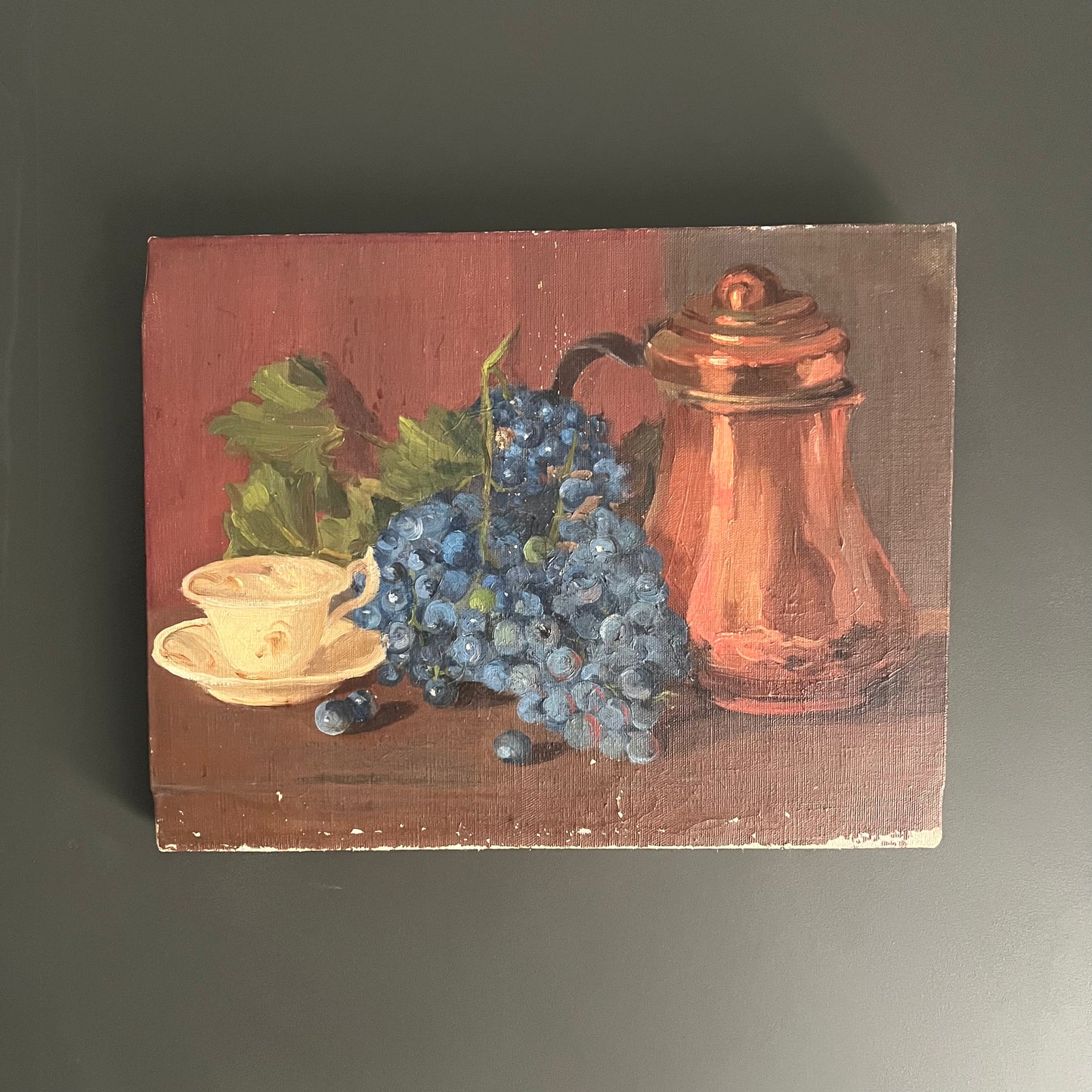 Vintage Oil Painting Still Life Copper Pot and Grapes with Cup and Saucer