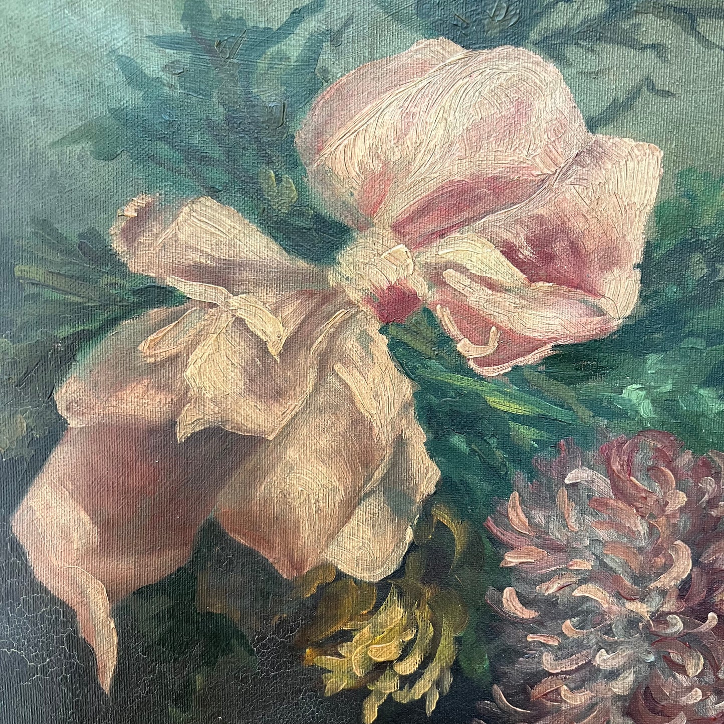 Antique Oil Painting Chrysanthemums with Pink Bow Belgium 1920s