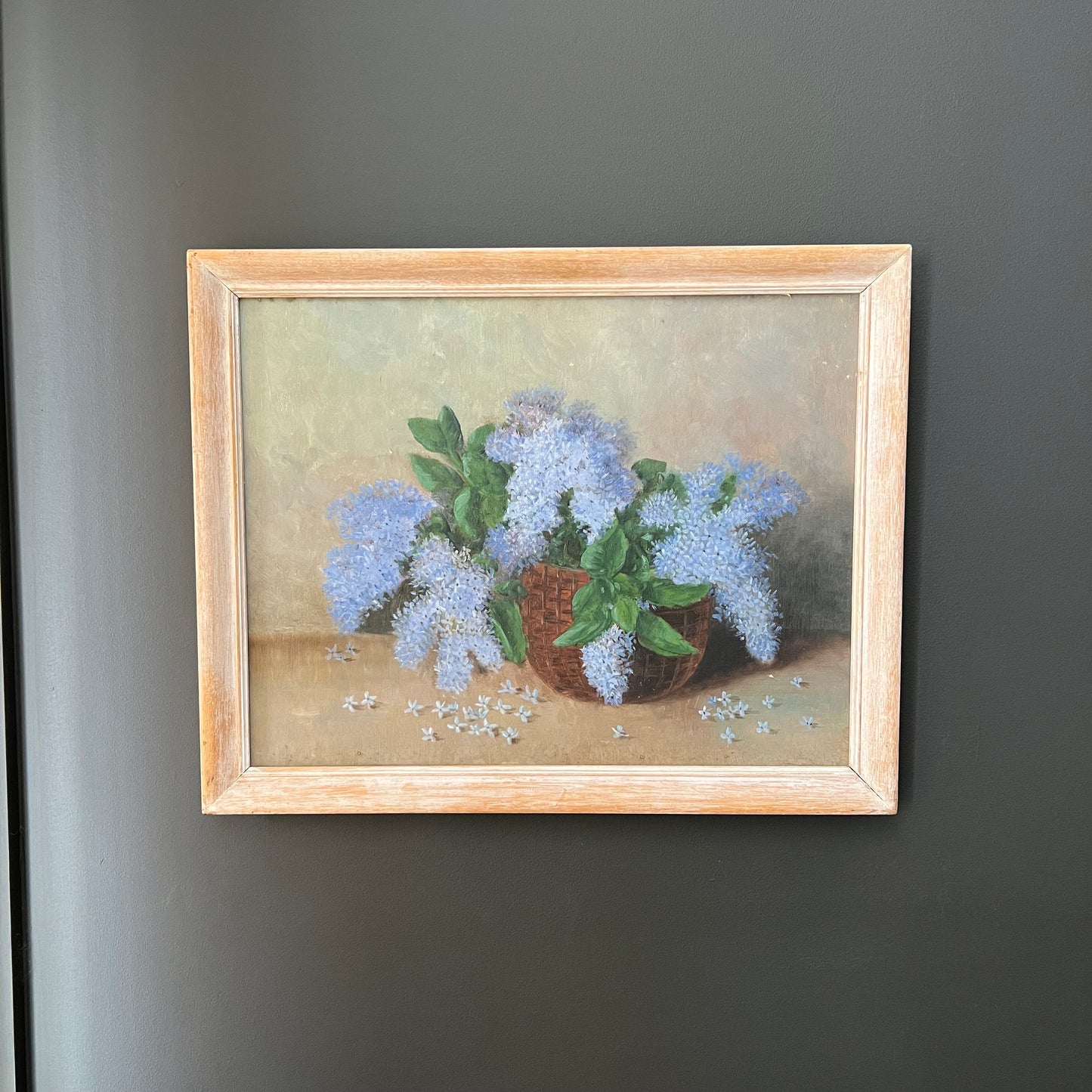Vintage Painting Still Life of Blue Flowers in Basket