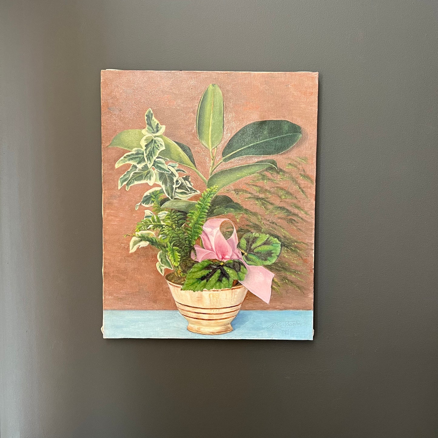 Vintage Oil Painting Plants in Pot with Pink Bow Dutch 1960's