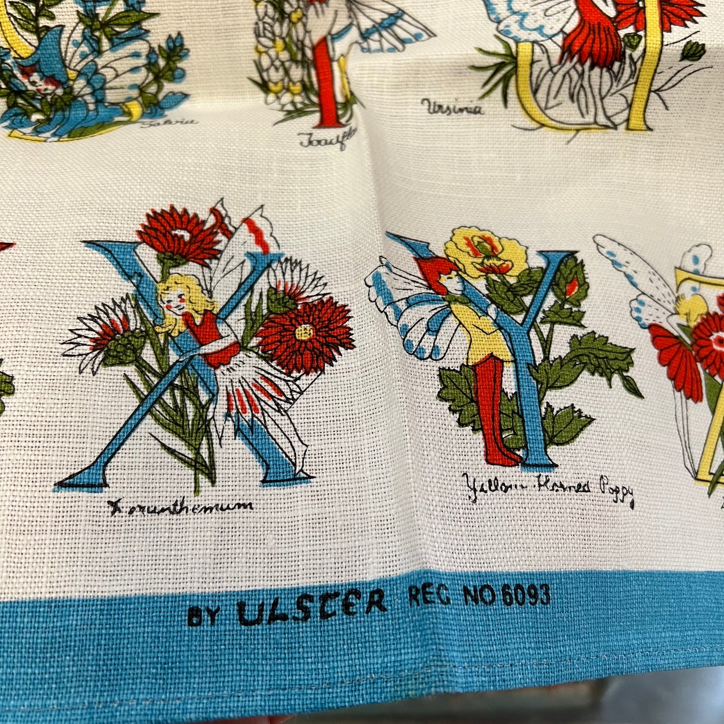Vintage Flower Fairy Linen Tea Towel Alphabet of Flowers Made in Ireland