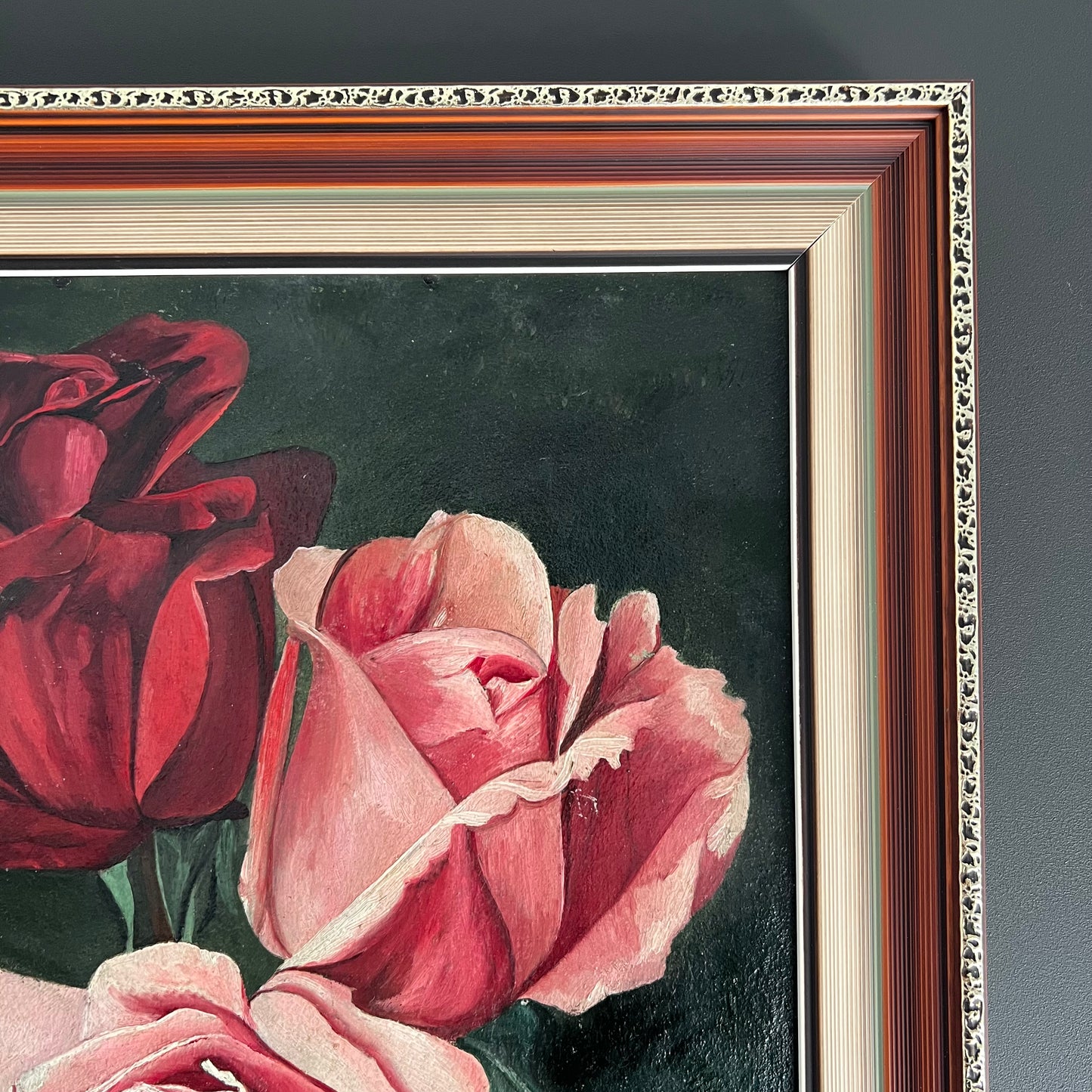 Vintage Oil Painting Still Life Trio of Roses