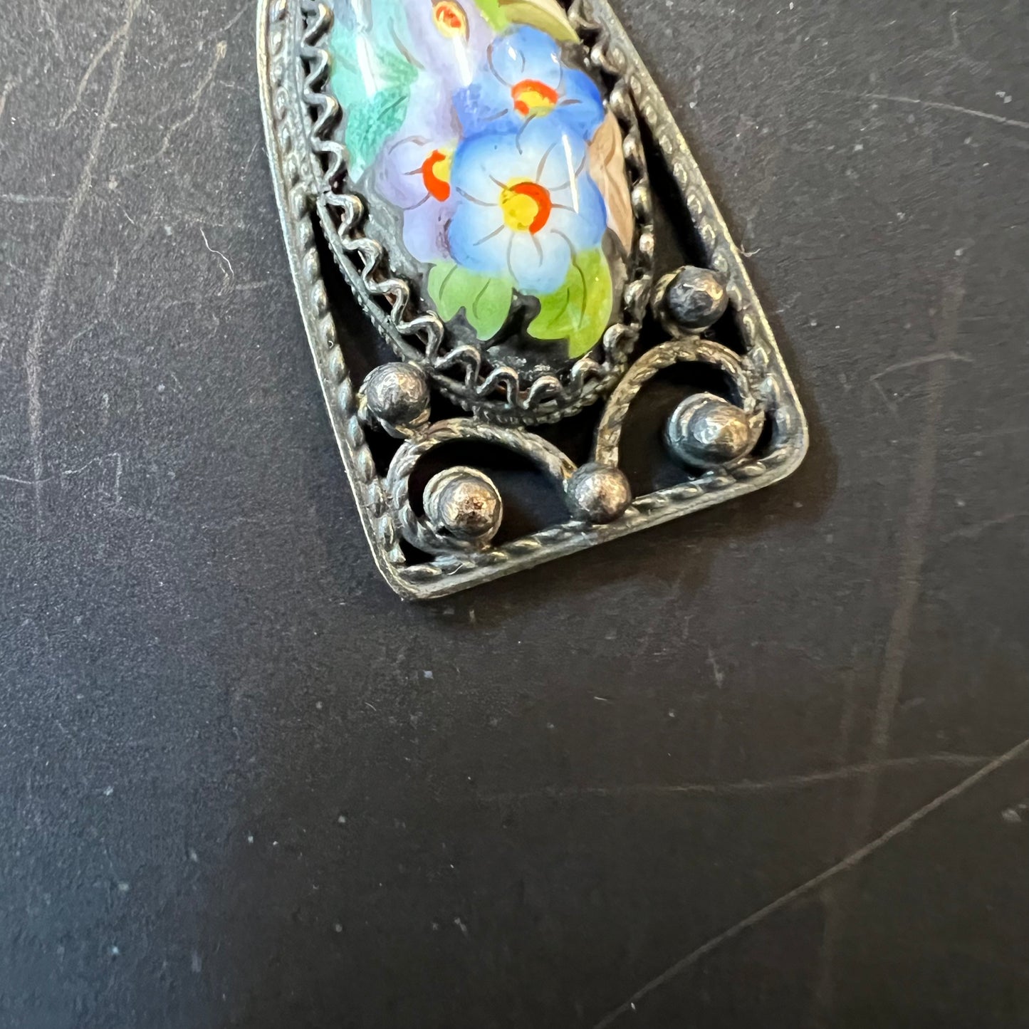 Vintage Russian Pendant Hand Painted Flowers & Leaves