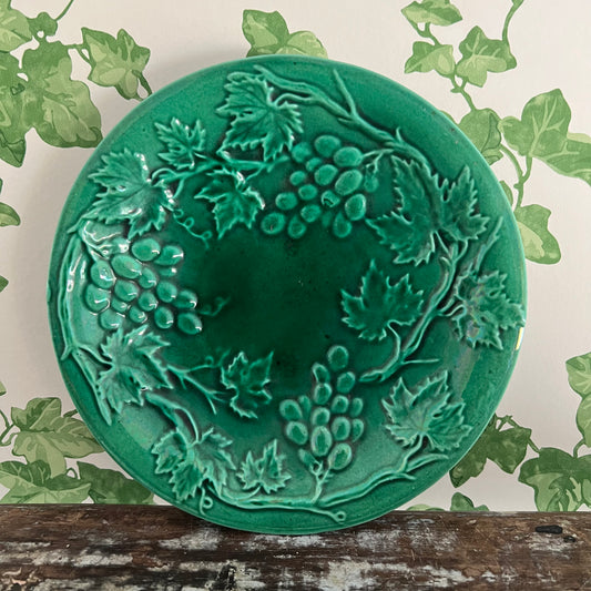 Antique Green Majolica Plate Embossed Grapes & Leaves