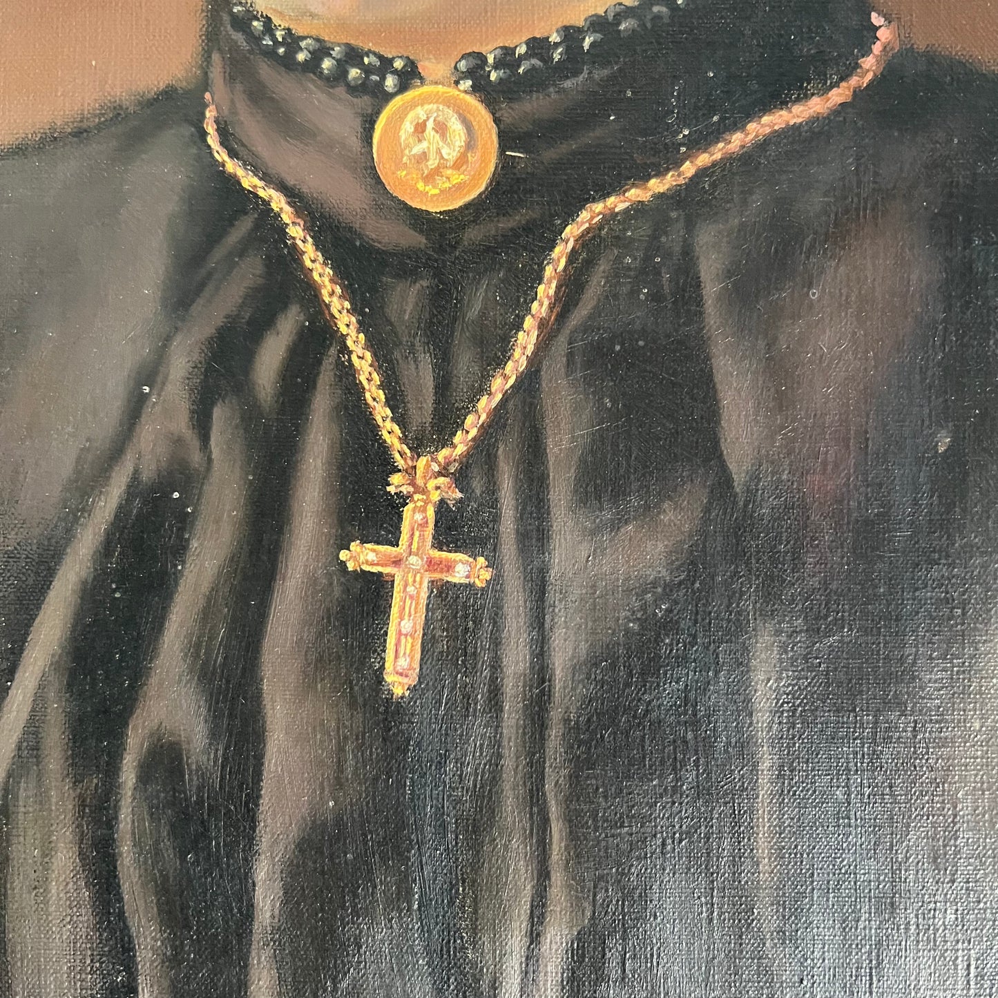 Antique Oil Painting Portrait Young Woman with Cross 1887
