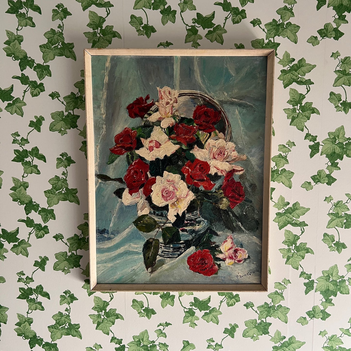 ON SALE was $299 Vintage Oil Painting Still Life Mid Century Roses in Vase