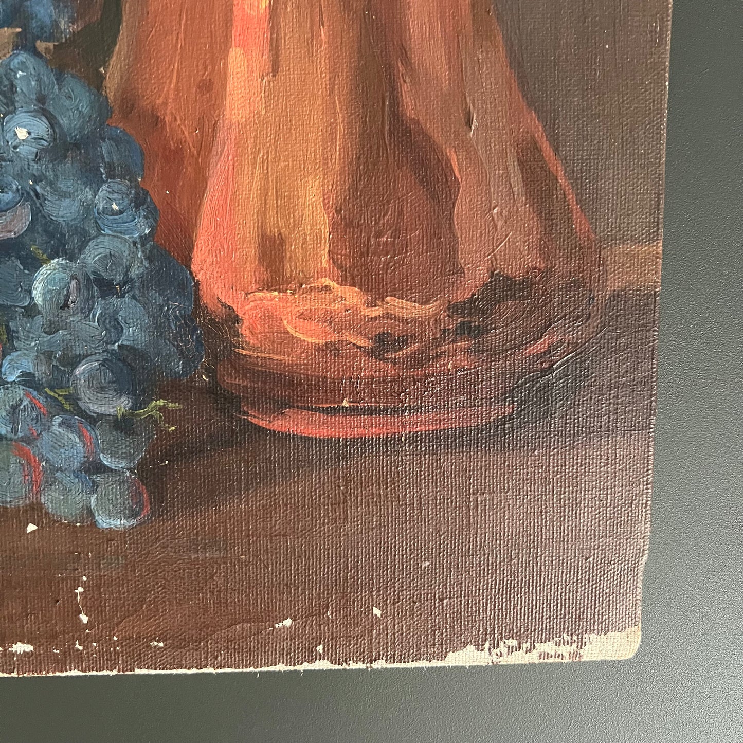 Vintage Oil Painting Still Life Copper Pot and Grapes with Cup and Saucer