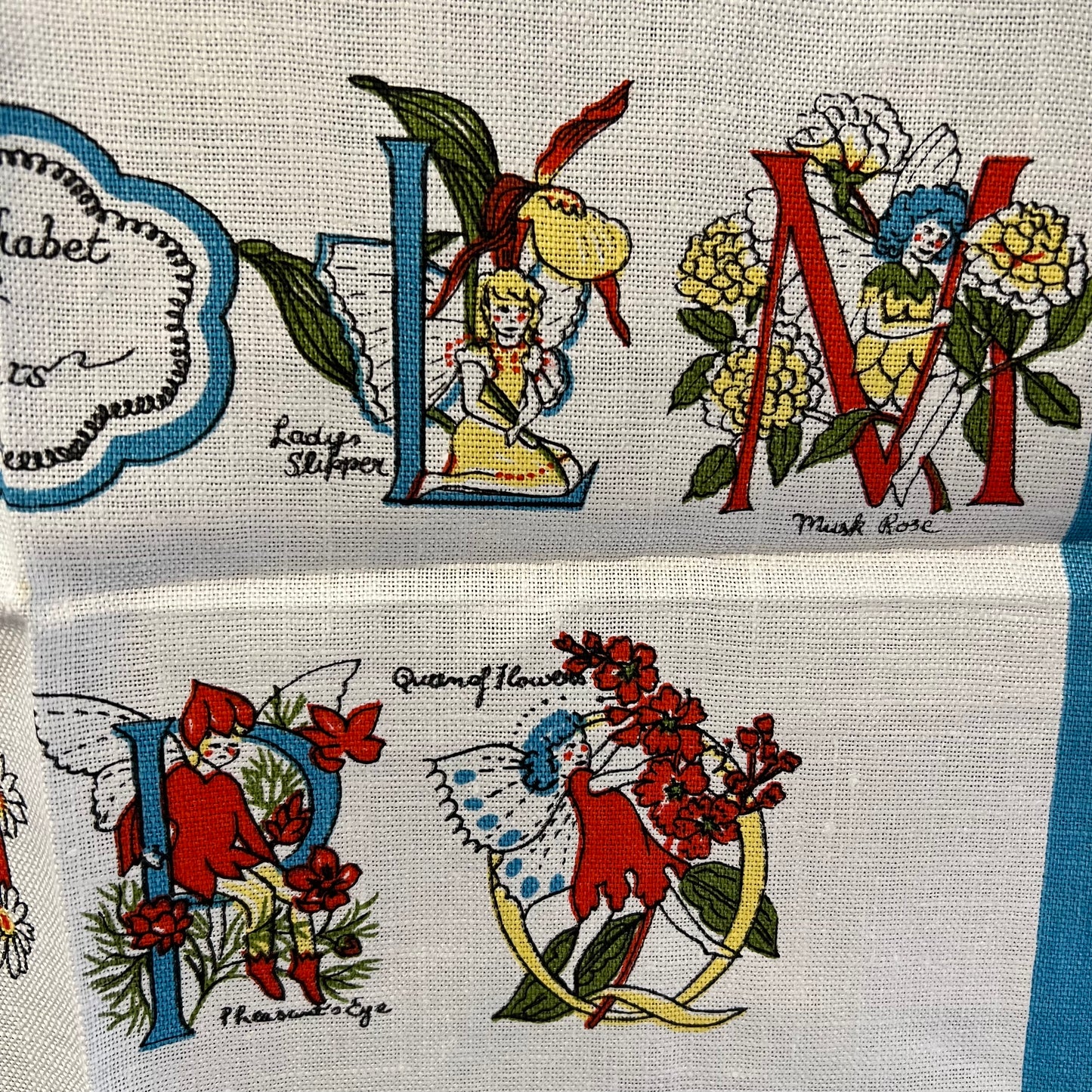 Vintage Flower Fairy Linen Tea Towel Alphabet of Flowers Made in Ireland