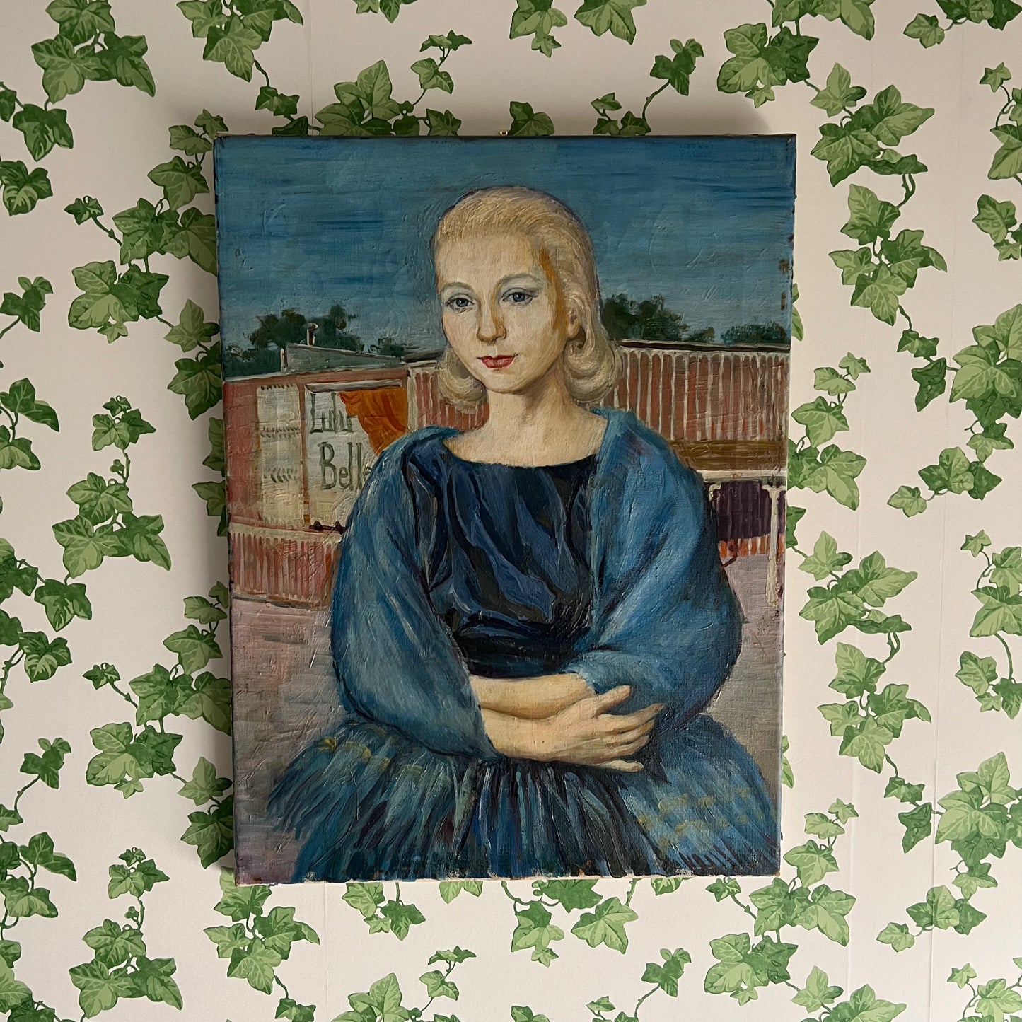 Vintage Oil Painting Portrait Girl in Blue