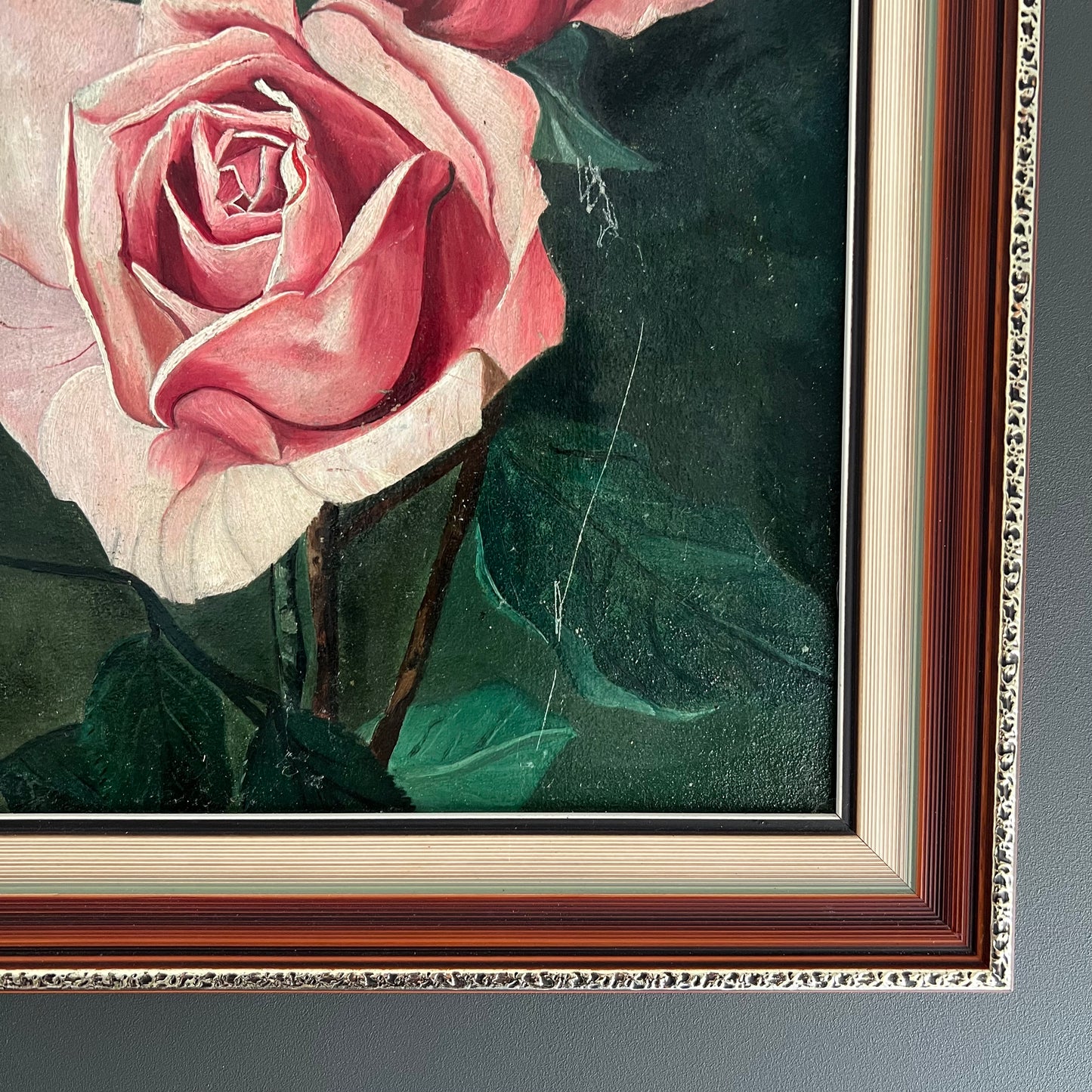Vintage Oil Painting Still Life Trio of Roses
