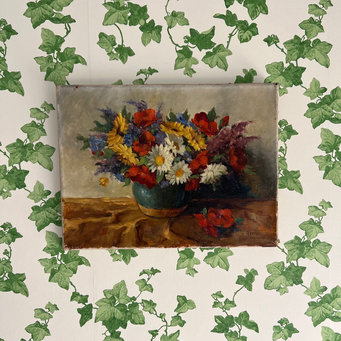 Vintage Oil Painting Still Life Bright Blooms in Pottery Vase