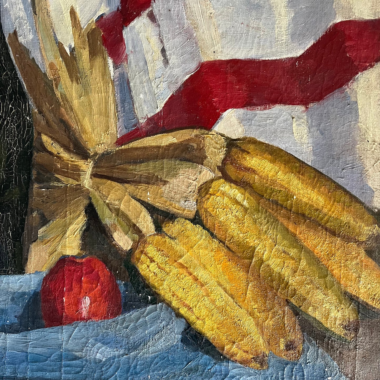 Large Vintage Oil Painting Still Life French Tabletop Wine, Garlic and Corn c1940s