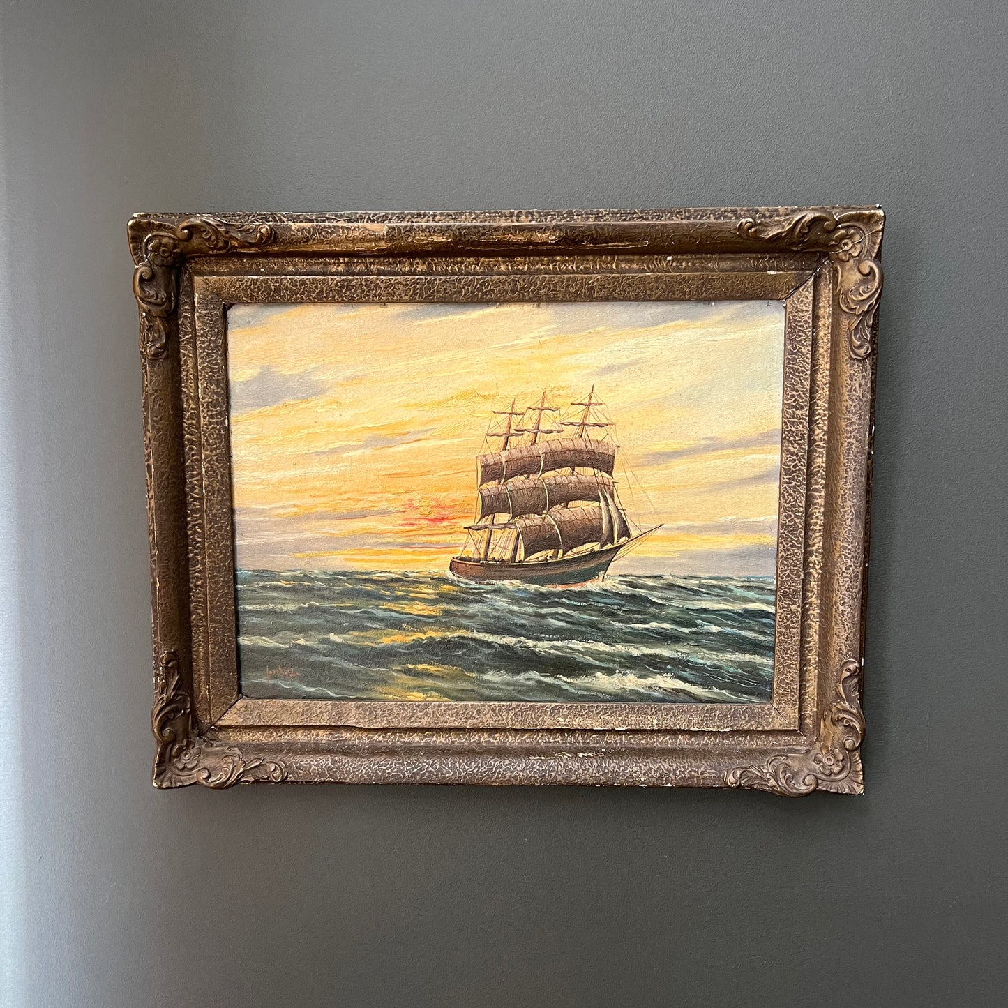 Vintage Oil Painting Ship Sailing at Sunset Dutch Seascape