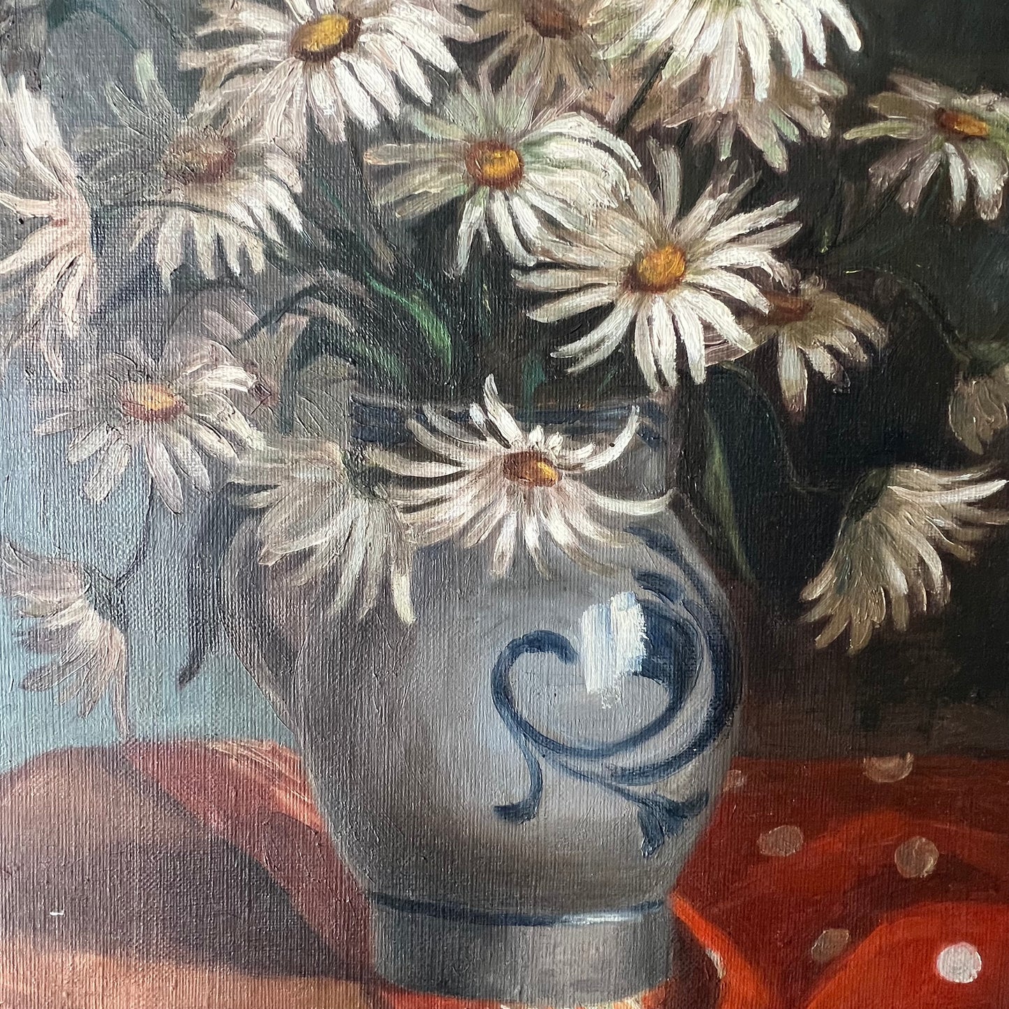 Vintage Oil Painting Still Life Daisies in Pottery Jug c1920s