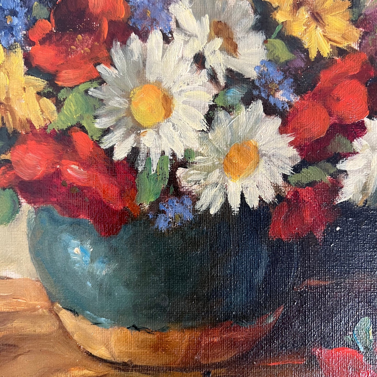 Vintage Oil Painting Still Life Bright Blooms in Pottery Vase
