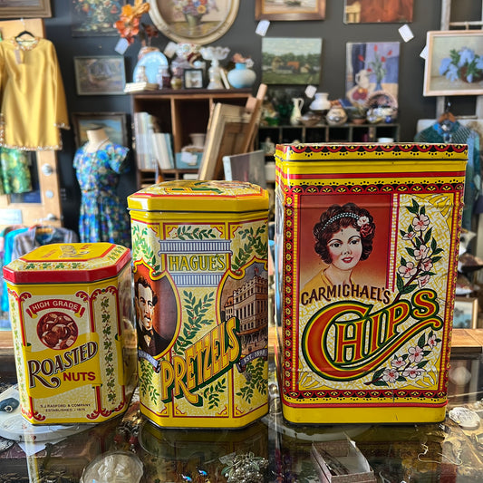 Vintage Advertising Tin Set~ Carmichael’s Chips, Hague’s Pretzels, Radford’s Nuts