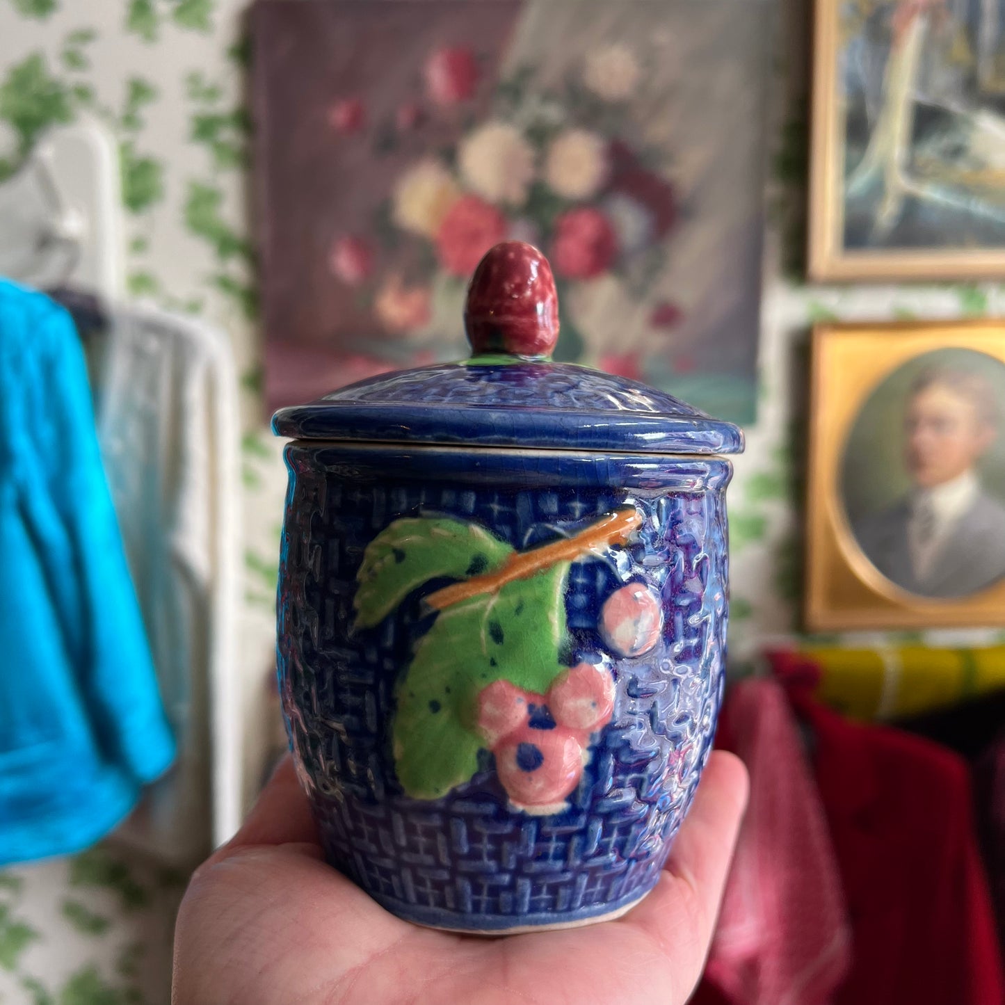 Vintage Majolica Style Glazed Pottery Jam Pot