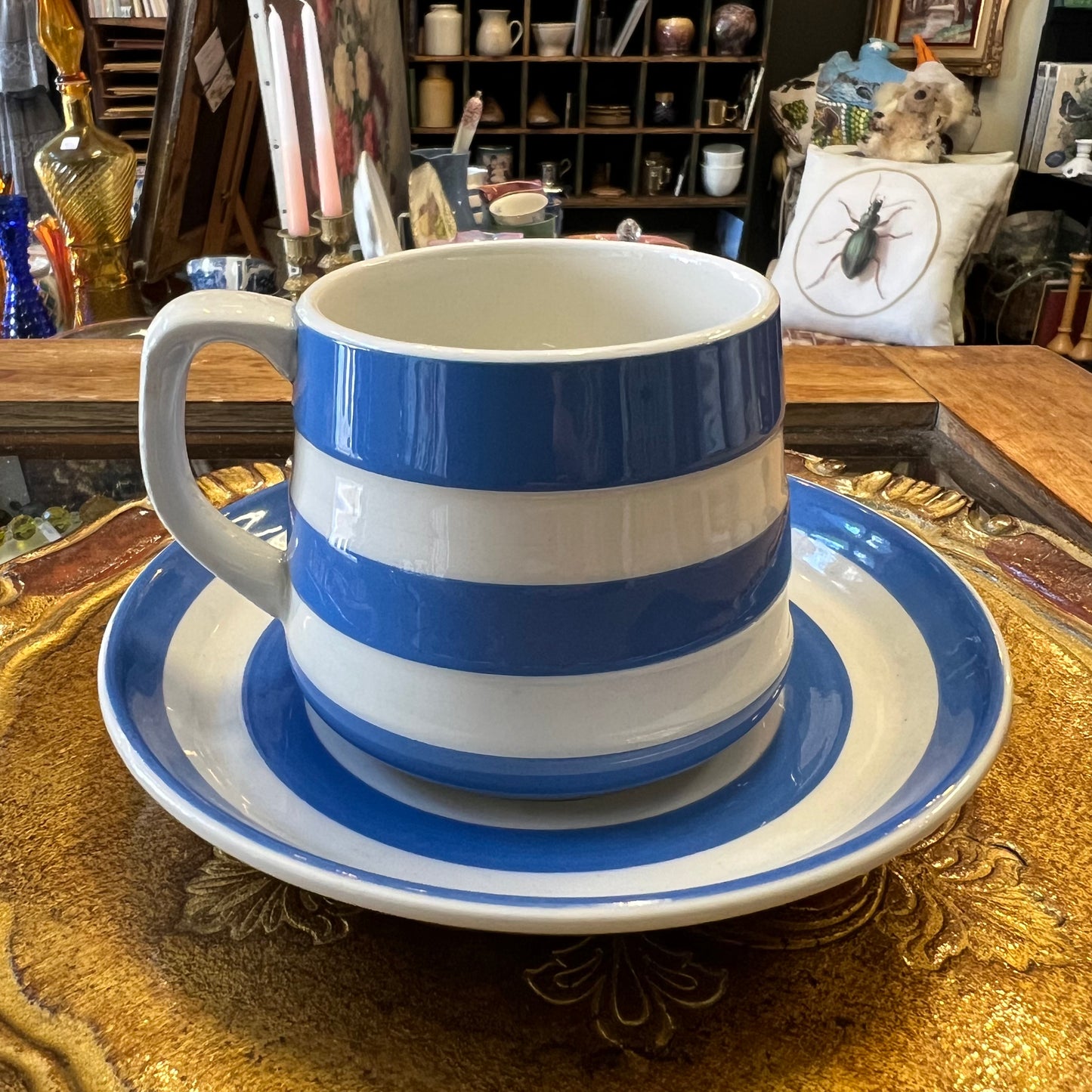 Vintage TG Green Blue Stripe Cup and Saucer